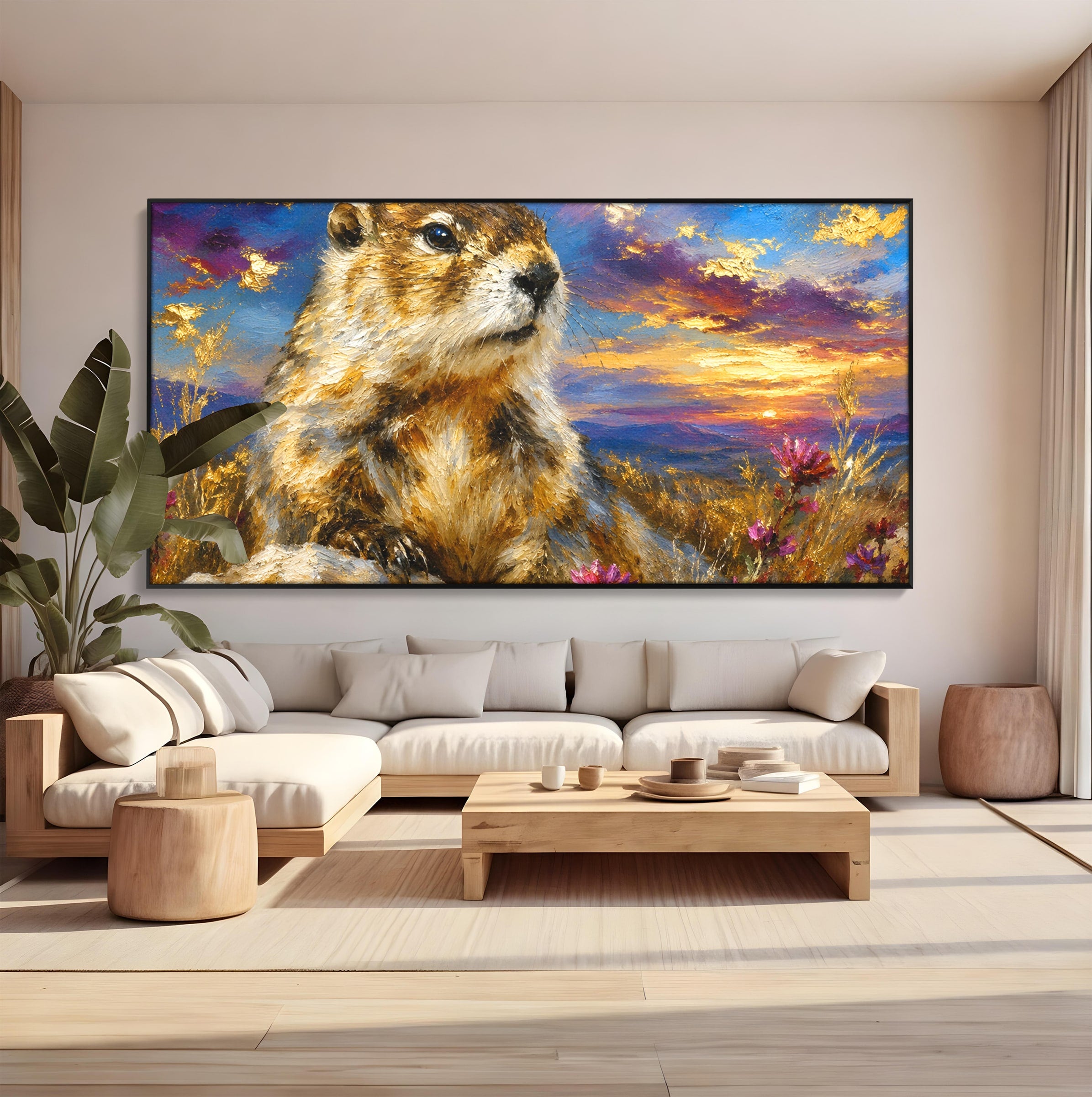Tablou Canvas Premium LuxCanva® M1618, Marmota La Apus, Marmota, Apus, Natura, Peisaj, Living, Culori Vibrante