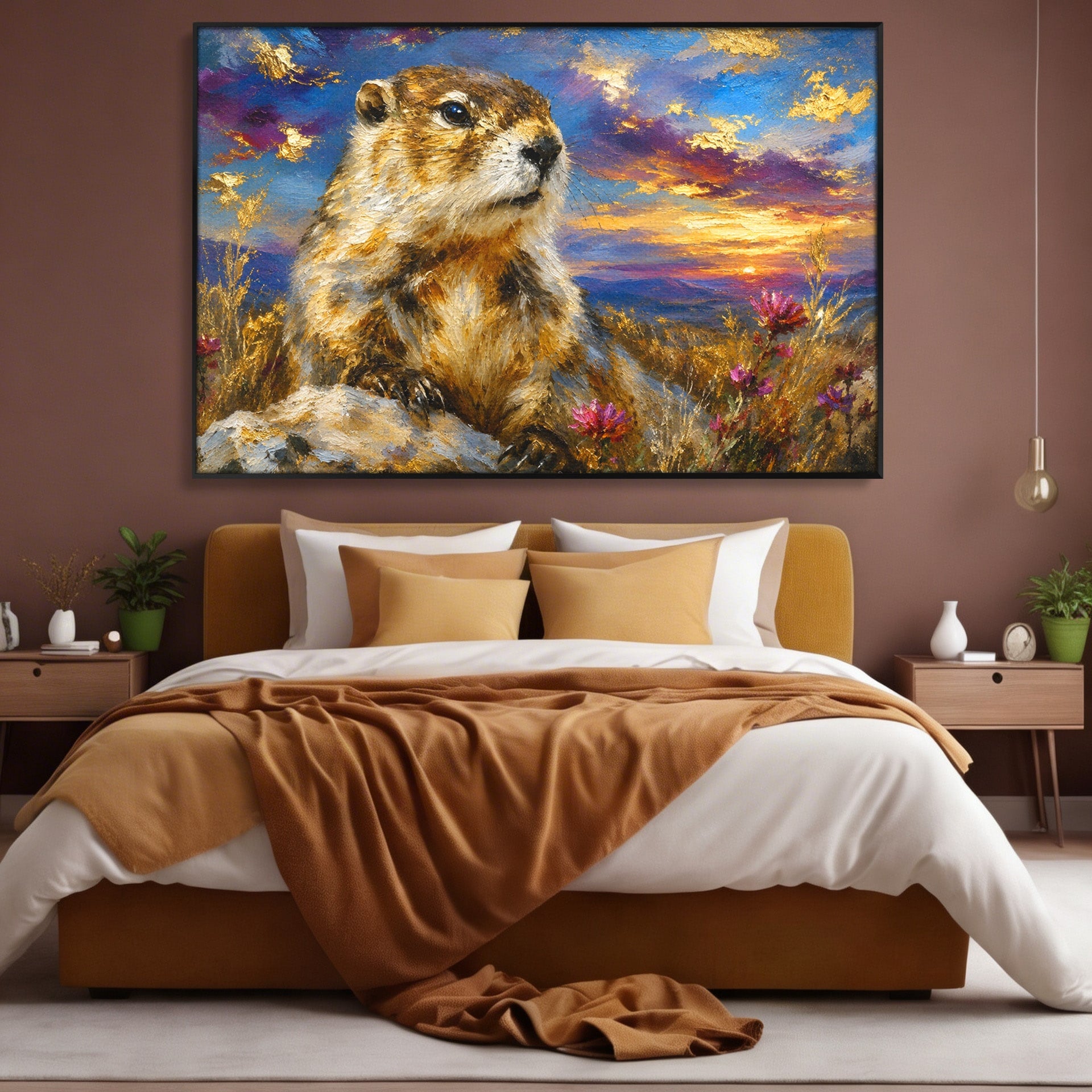 Tablou Canvas Premium LuxCanva® M1618, Marmota La Apus, Marmota, Apus, Natura, Peisaj, Living, Culori Vibrante