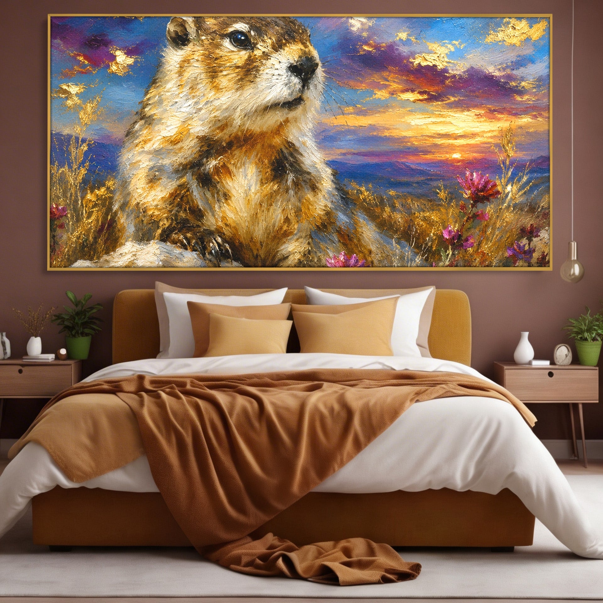 Tablou Canvas Premium LuxCanva® M1618, Marmota La Apus, Marmota, Apus, Natura, Peisaj, Living, Culori Vibrante