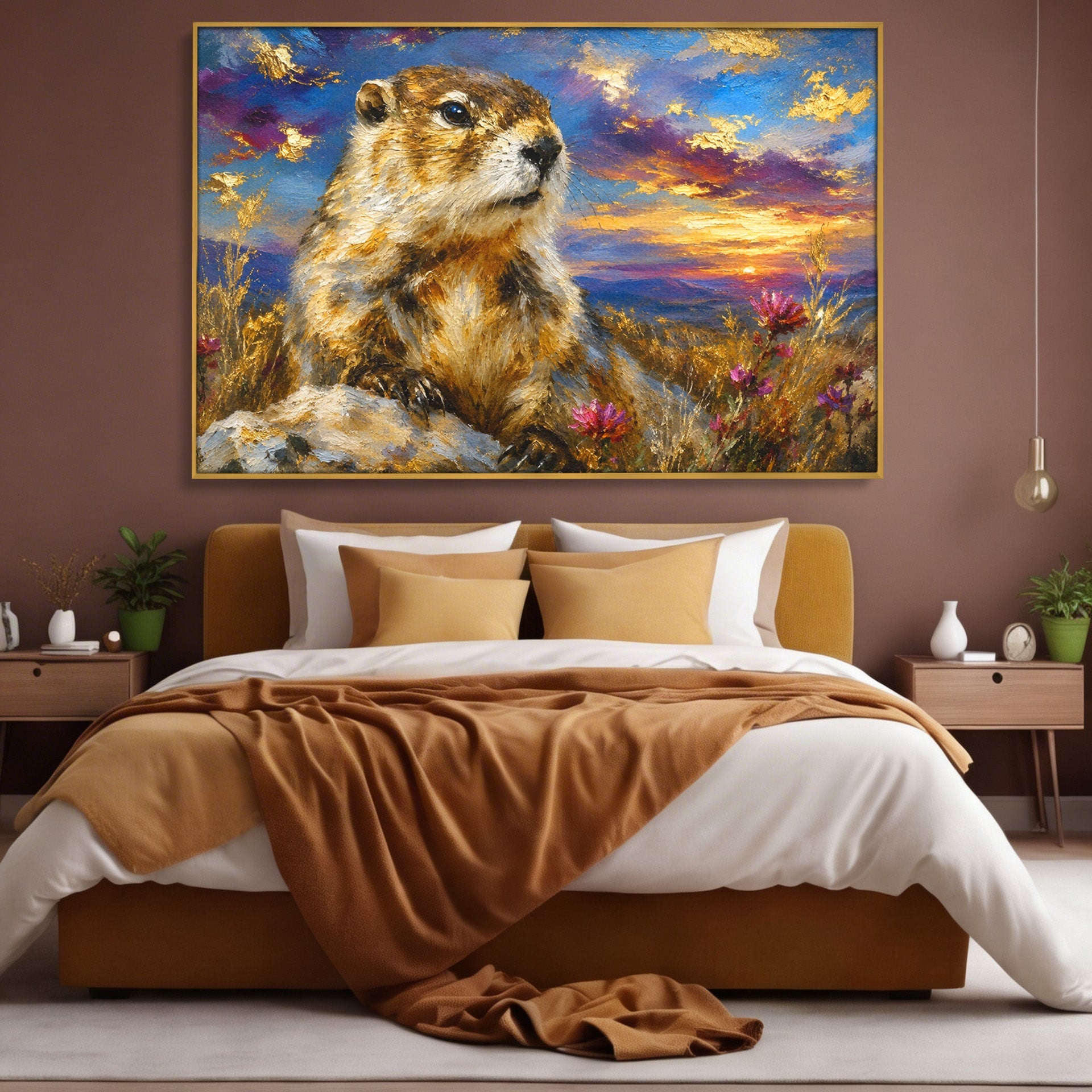 Tablou Canvas Premium LuxCanva® M1618, Marmota La Apus, Marmota, Apus, Natura, Peisaj, Living, Culori Vibrante