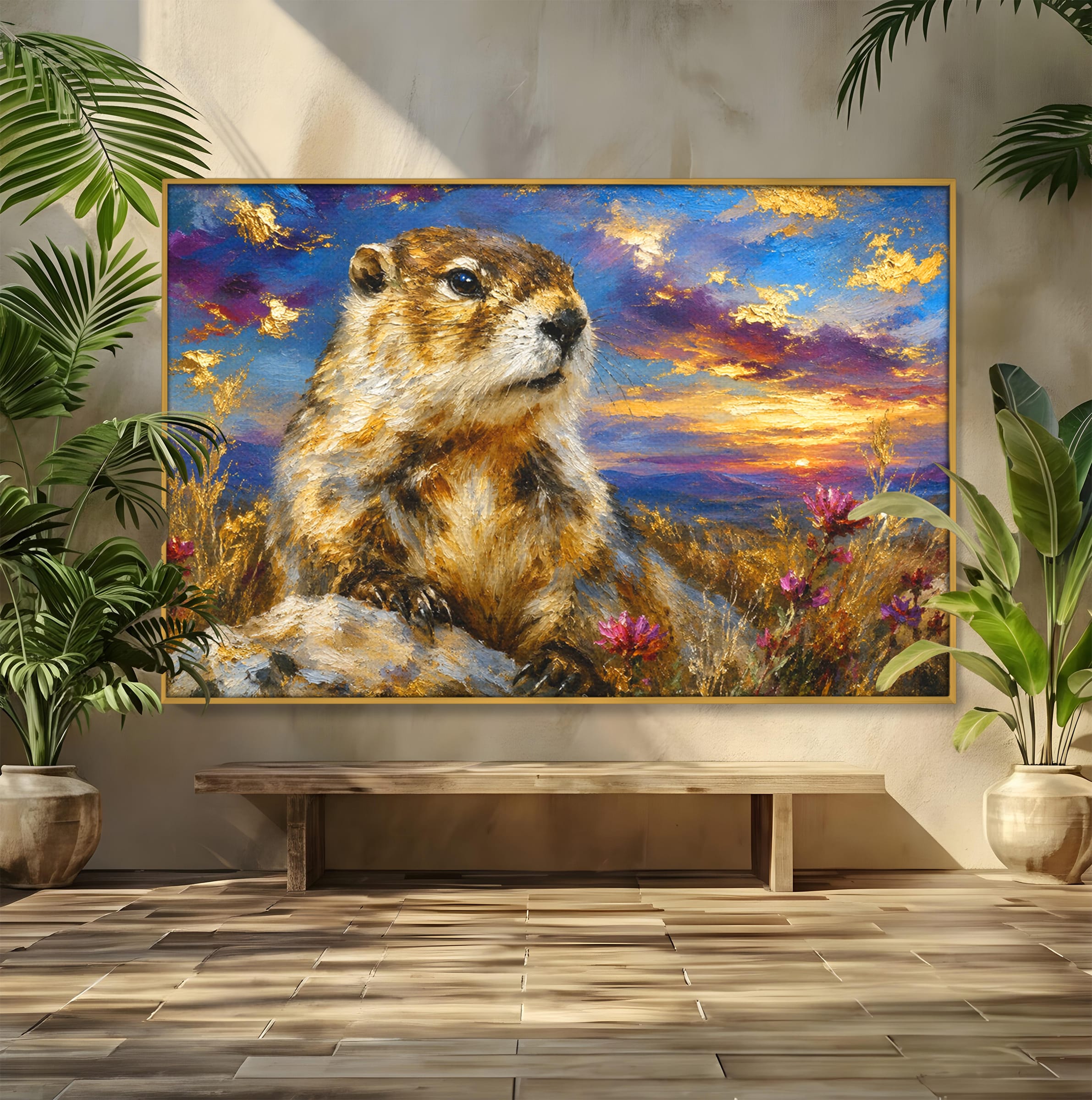 Tablou Canvas Premium LuxCanva® M1618, Marmota La Apus, Marmota, Apus, Natura, Peisaj, Living, Culori Vibrante