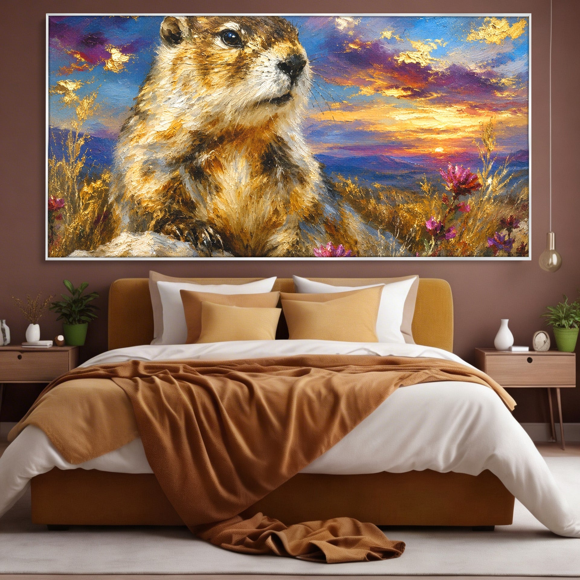 Tablou Canvas Premium LuxCanva® M1618, Marmota La Apus, Marmota, Apus, Natura, Peisaj, Living, Culori Vibrante