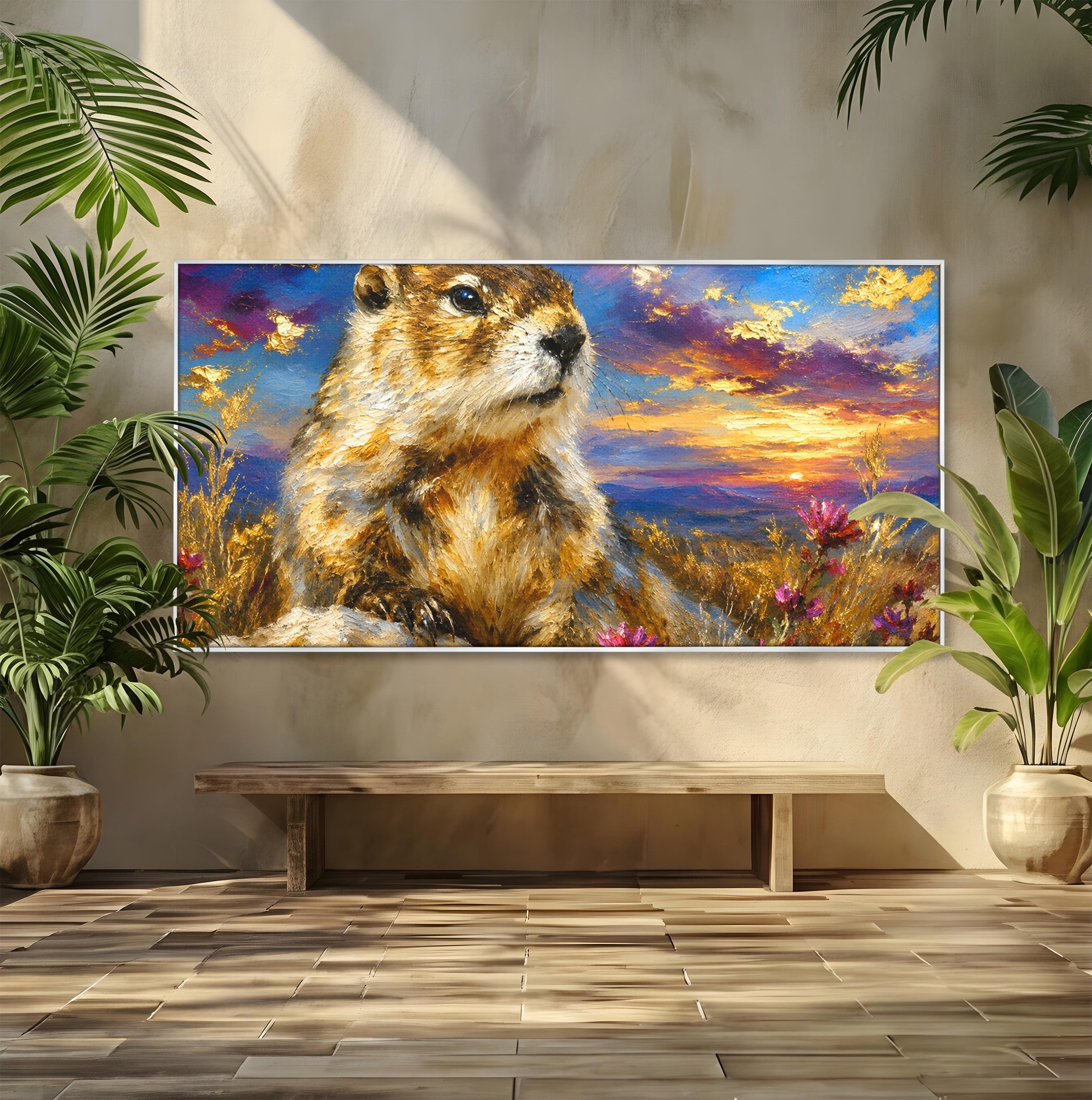 Tablou Canvas Premium LuxCanva® M1618, Marmota La Apus, Marmota, Apus, Natura, Peisaj, Living, Culori Vibrante