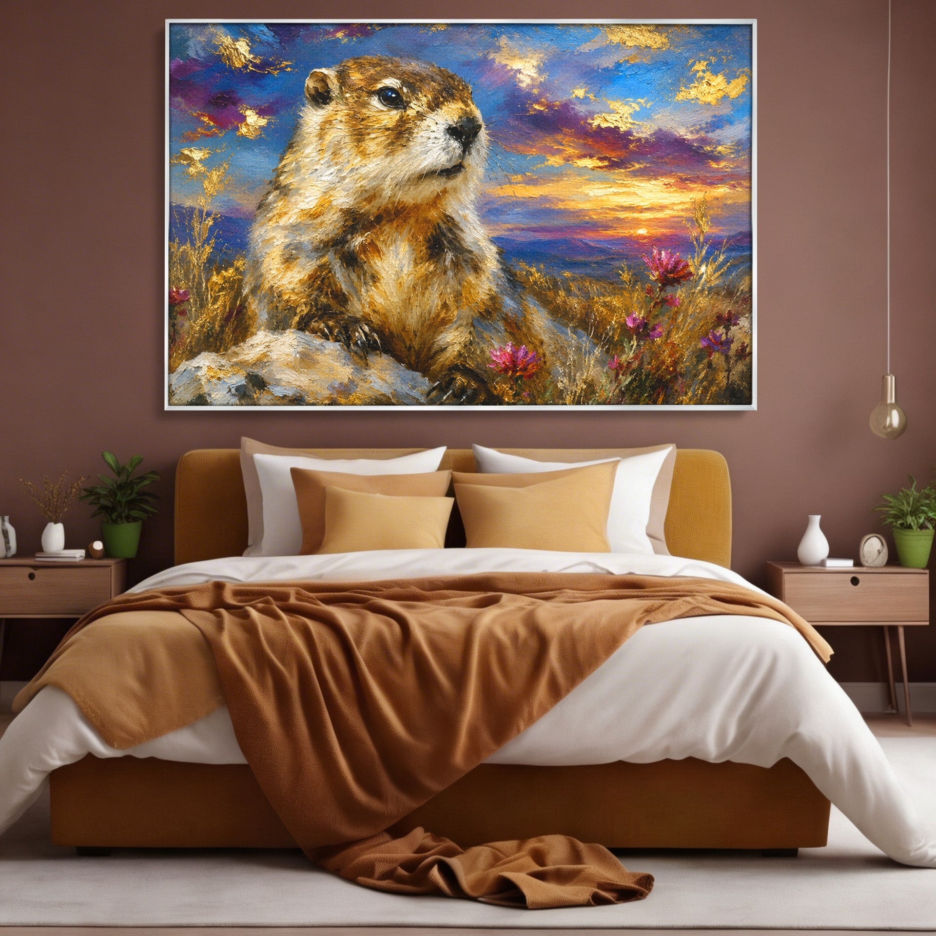 Tablou Canvas Premium LuxCanva® M1618, Marmota La Apus, Marmota, Apus, Natura, Peisaj, Living, Culori Vibrante