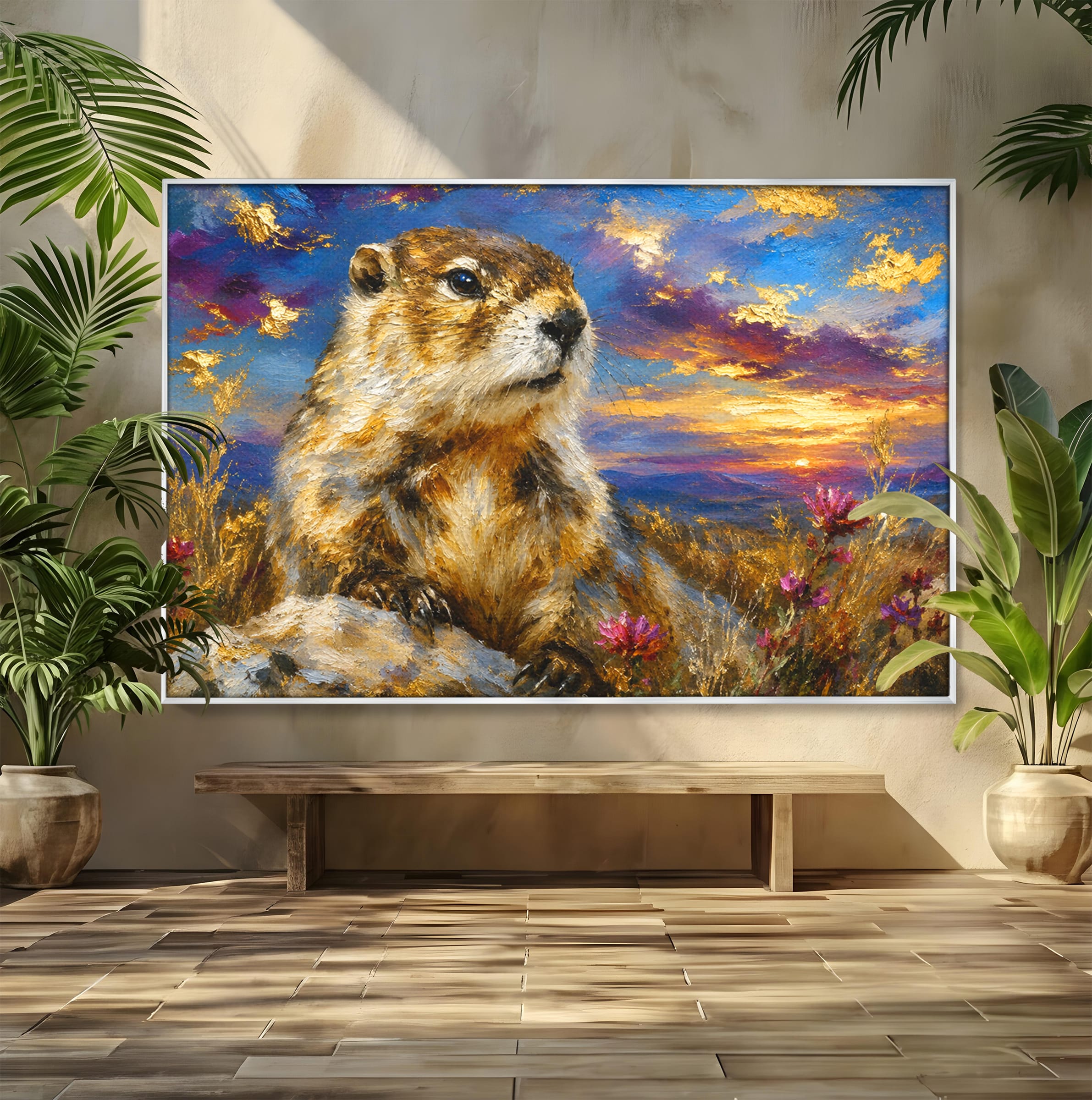 Tablou Canvas Premium LuxCanva® M1618, Marmota La Apus, Marmota, Apus, Natura, Peisaj, Living, Culori Vibrante