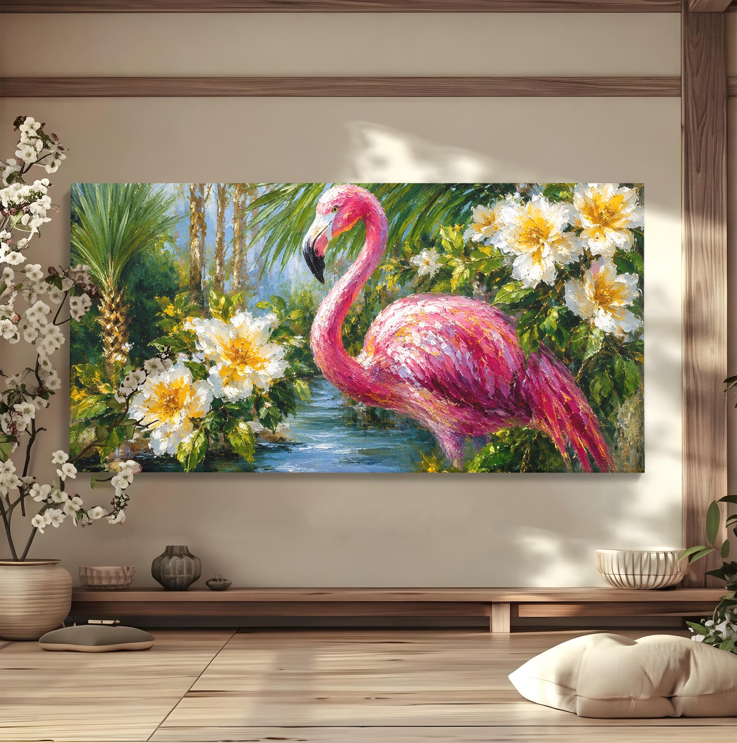 Tablou Canvas Premium LuxCanva® M1619, Flamingo Tropical, Flamingo, Tropical, Natura, Flori, Living, Culori Vibrante