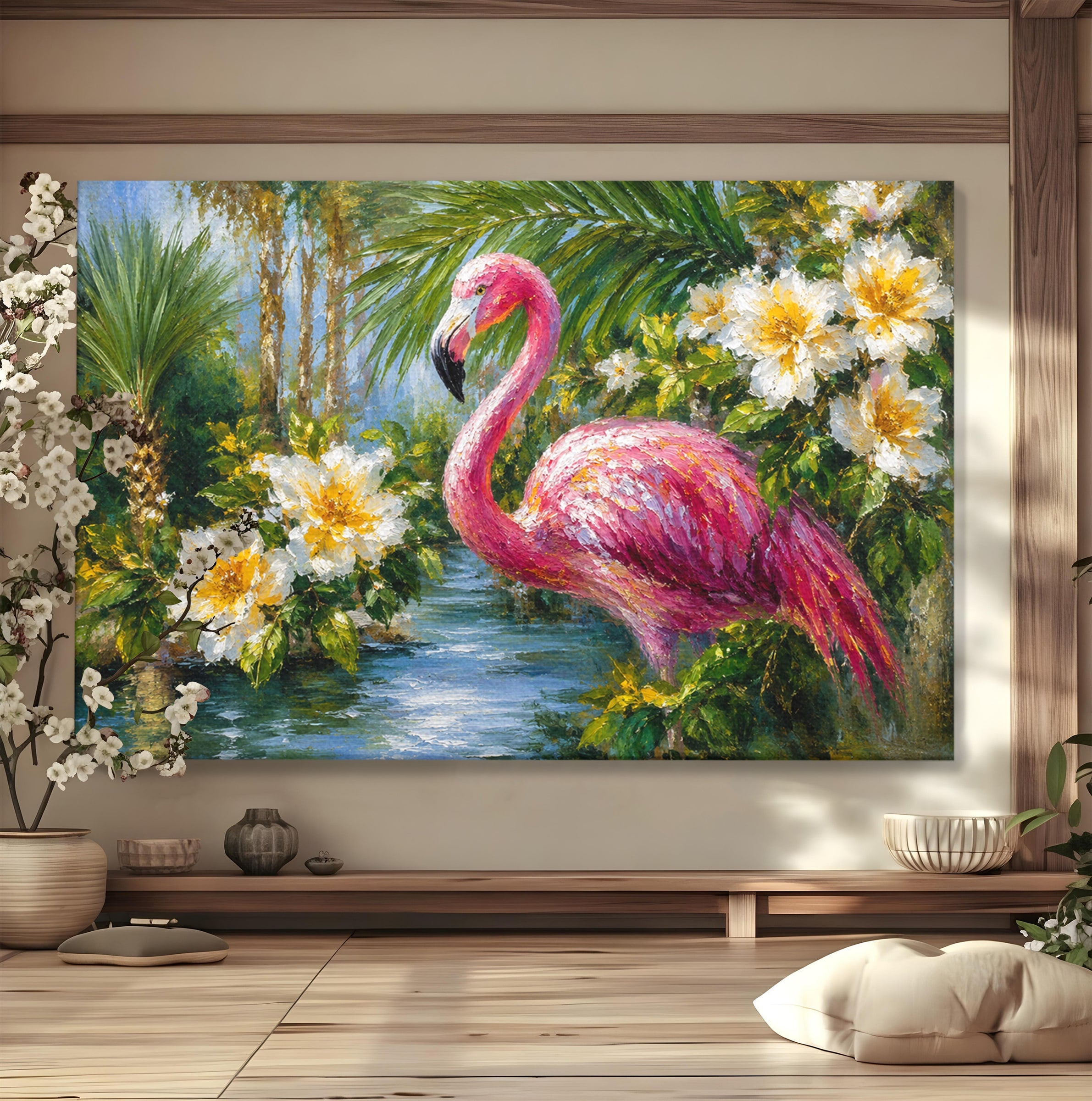 Tablou Canvas Premium LuxCanva® M1619, Flamingo Tropical, Flamingo, Tropical, Natura, Flori, Living, Culori Vibrante