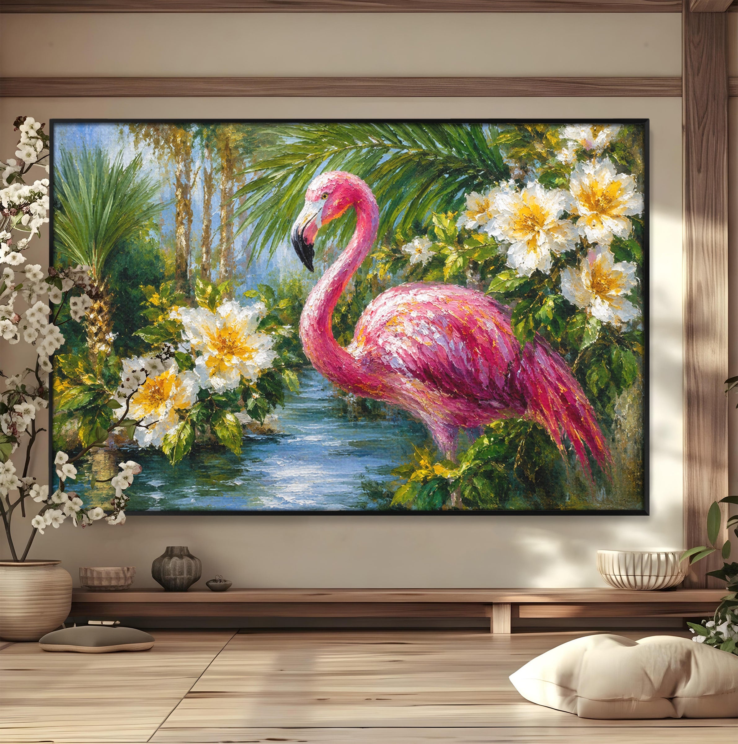 Tablou Canvas Premium LuxCanva® M1619, Flamingo Tropical, Flamingo, Tropical, Natura, Flori, Living, Culori Vibrante