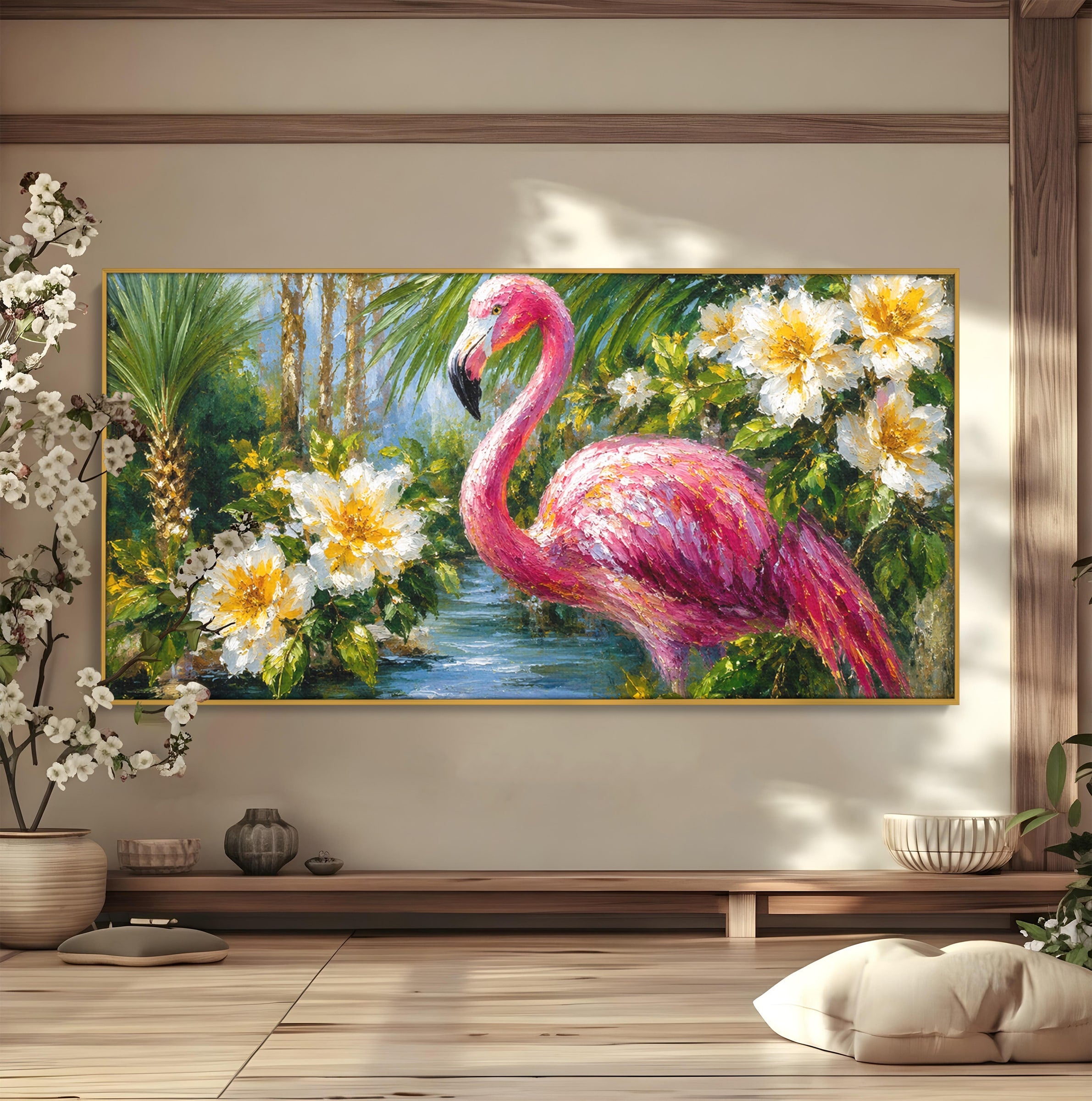 Tablou Canvas Premium LuxCanva® M1619, Flamingo Tropical, Flamingo, Tropical, Natura, Flori, Living, Culori Vibrante