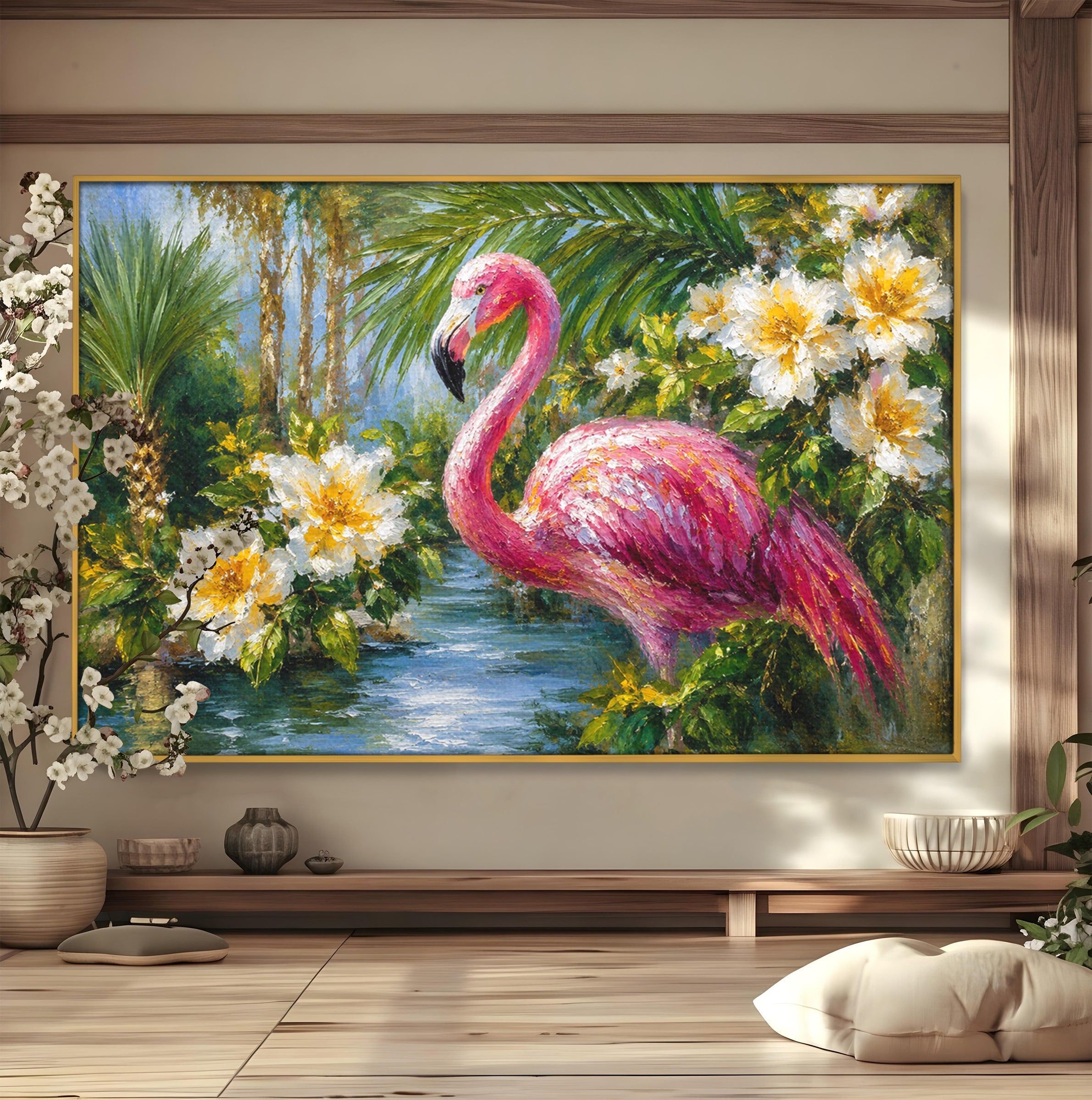 Tablou Canvas Premium LuxCanva® M1619, Flamingo Tropical, Flamingo, Tropical, Natura, Flori, Living, Culori Vibrante