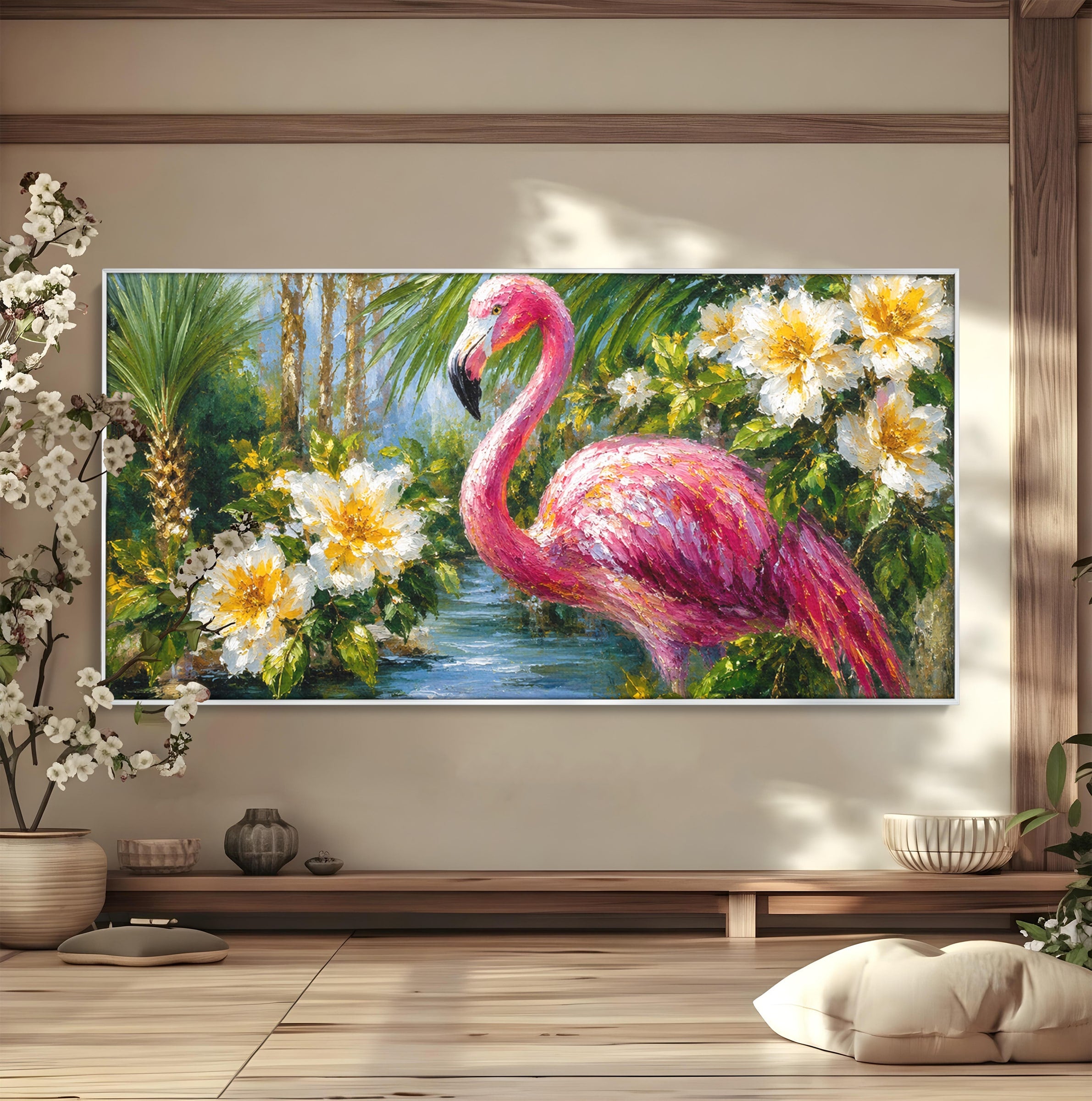 Tablou Canvas Premium LuxCanva® M1619, Flamingo Tropical, Flamingo, Tropical, Natura, Flori, Living, Culori Vibrante