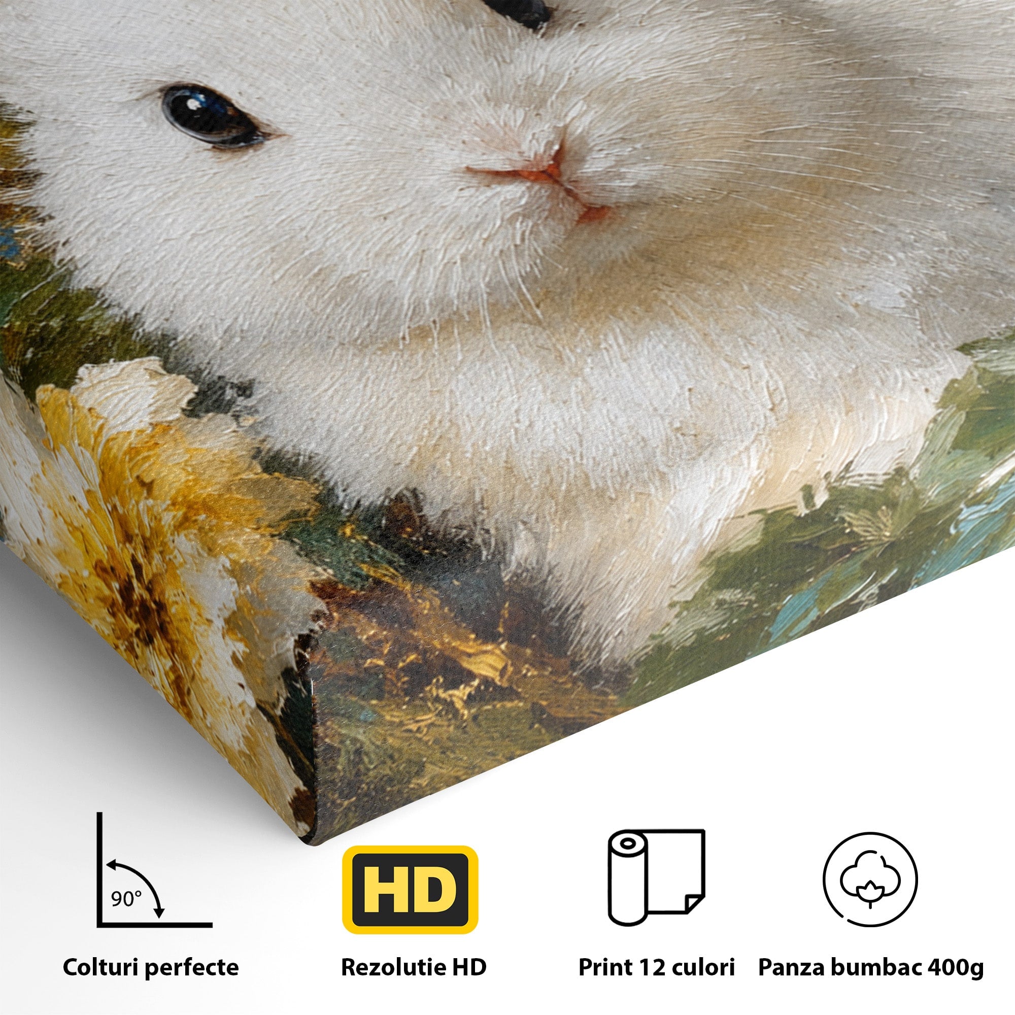 Tablou Canvas Premium LuxCanva® M1621, Iepure Printre Flori, Iepure, Flori, Natura, Primavara, Dormitor, Living, Culori Vibrante