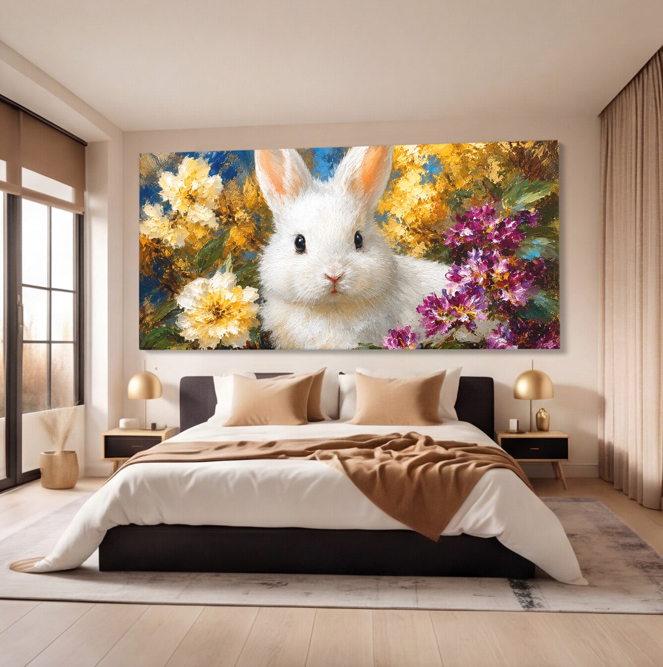 Tablou Canvas Premium LuxCanva® M1621, Iepure Printre Flori, Iepure, Flori, Natura, Primavara, Dormitor, Living, Culori Vibrante