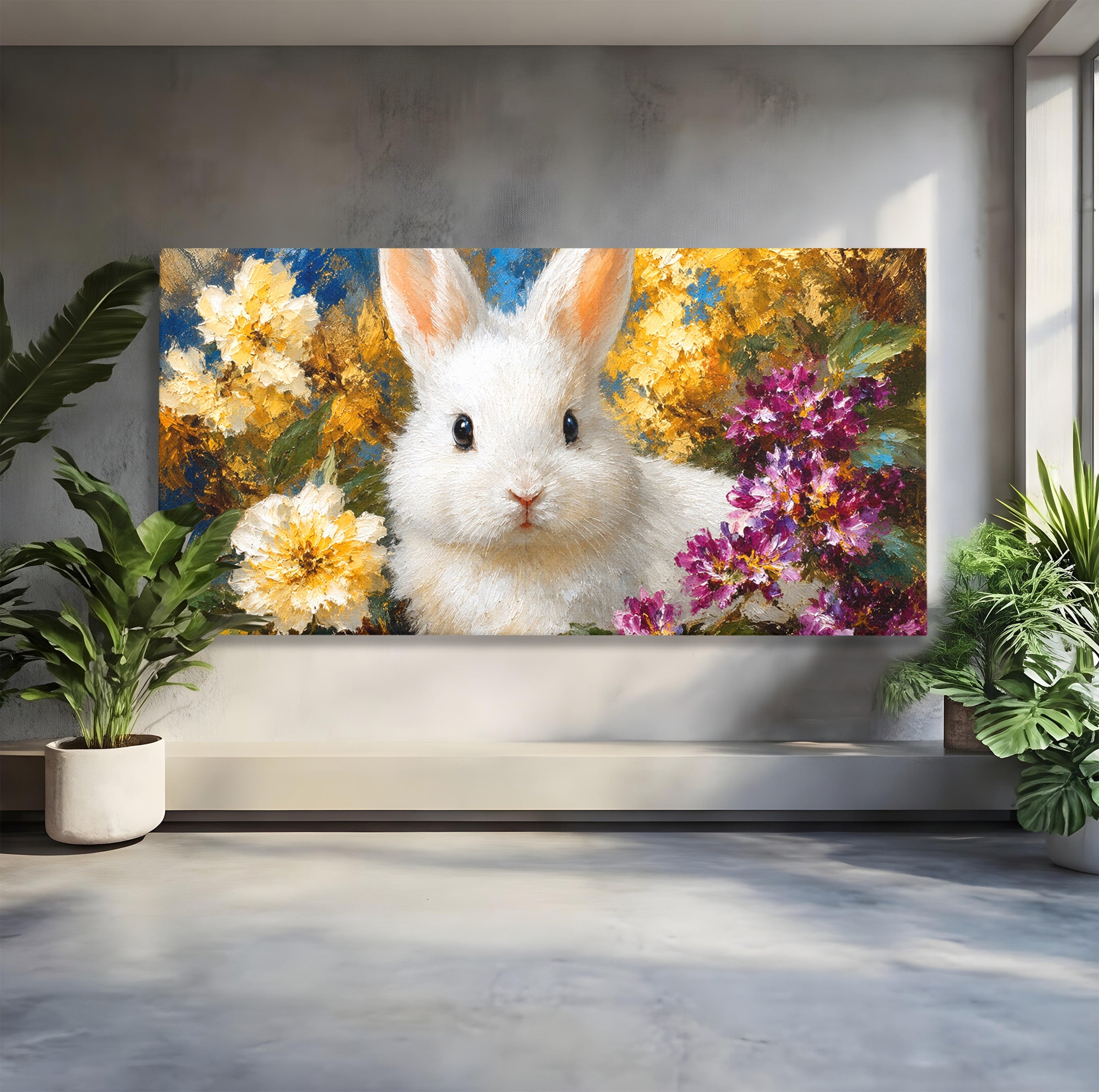 Tablou Canvas Premium LuxCanva® M1621, Iepure Printre Flori, Iepure, Flori, Natura, Primavara, Dormitor, Living, Culori Vibrante