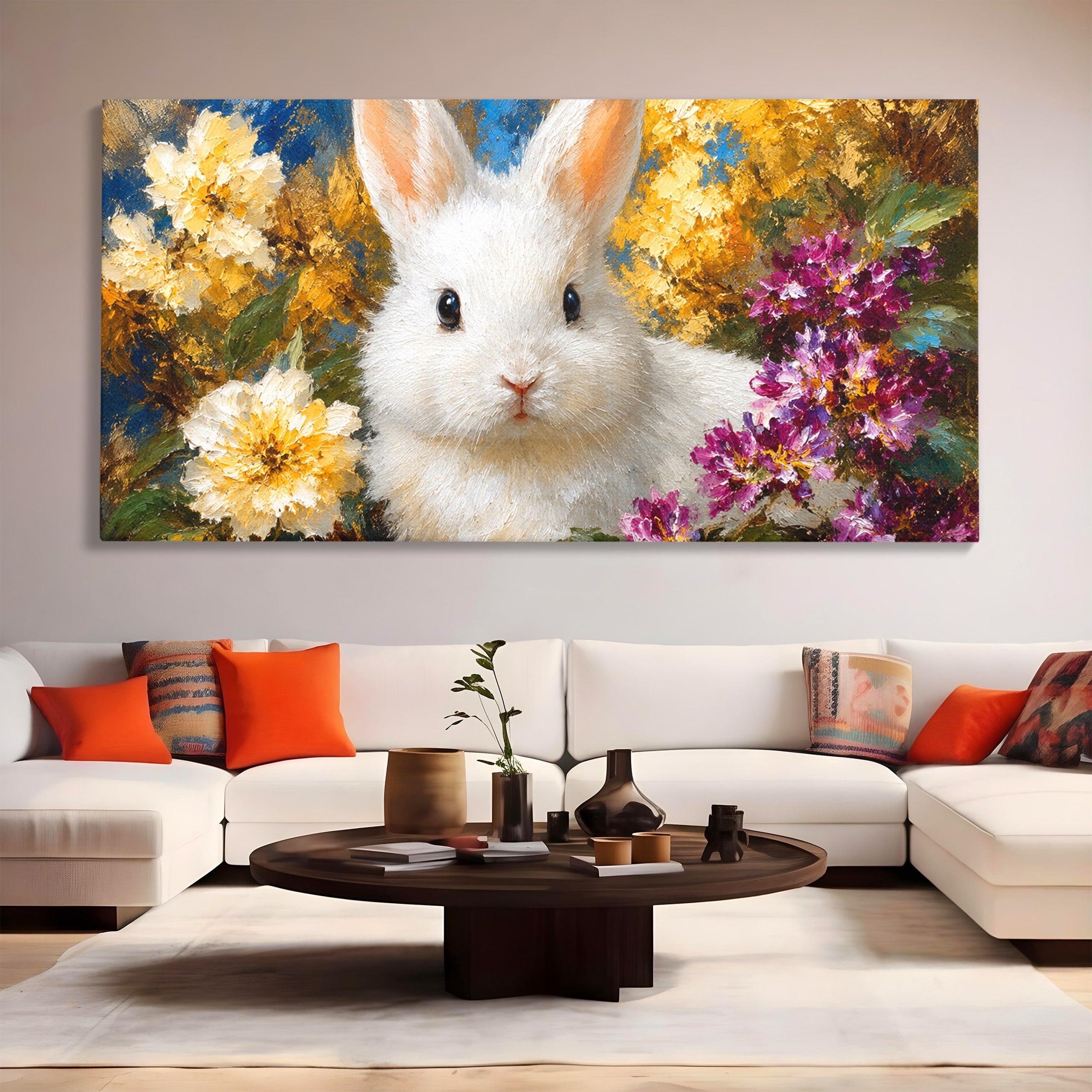 Tablou Canvas Premium LuxCanva® M1621, Iepure Printre Flori, Iepure, Flori, Natura, Primavara, Dormitor, Living, Culori Vibrante