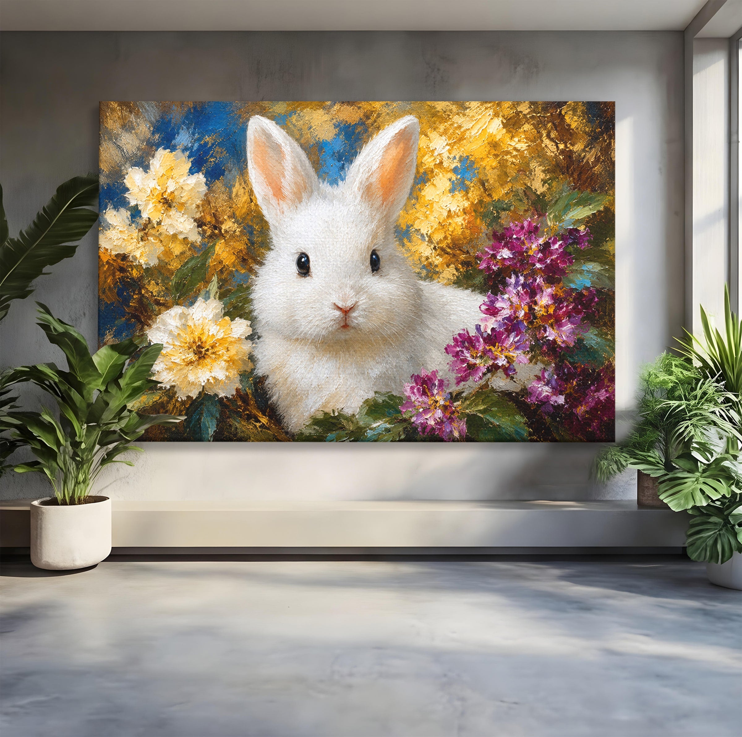 Tablou Canvas Premium LuxCanva® M1621, Iepure Printre Flori, Iepure, Flori, Natura, Primavara, Dormitor, Living, Culori Vibrante