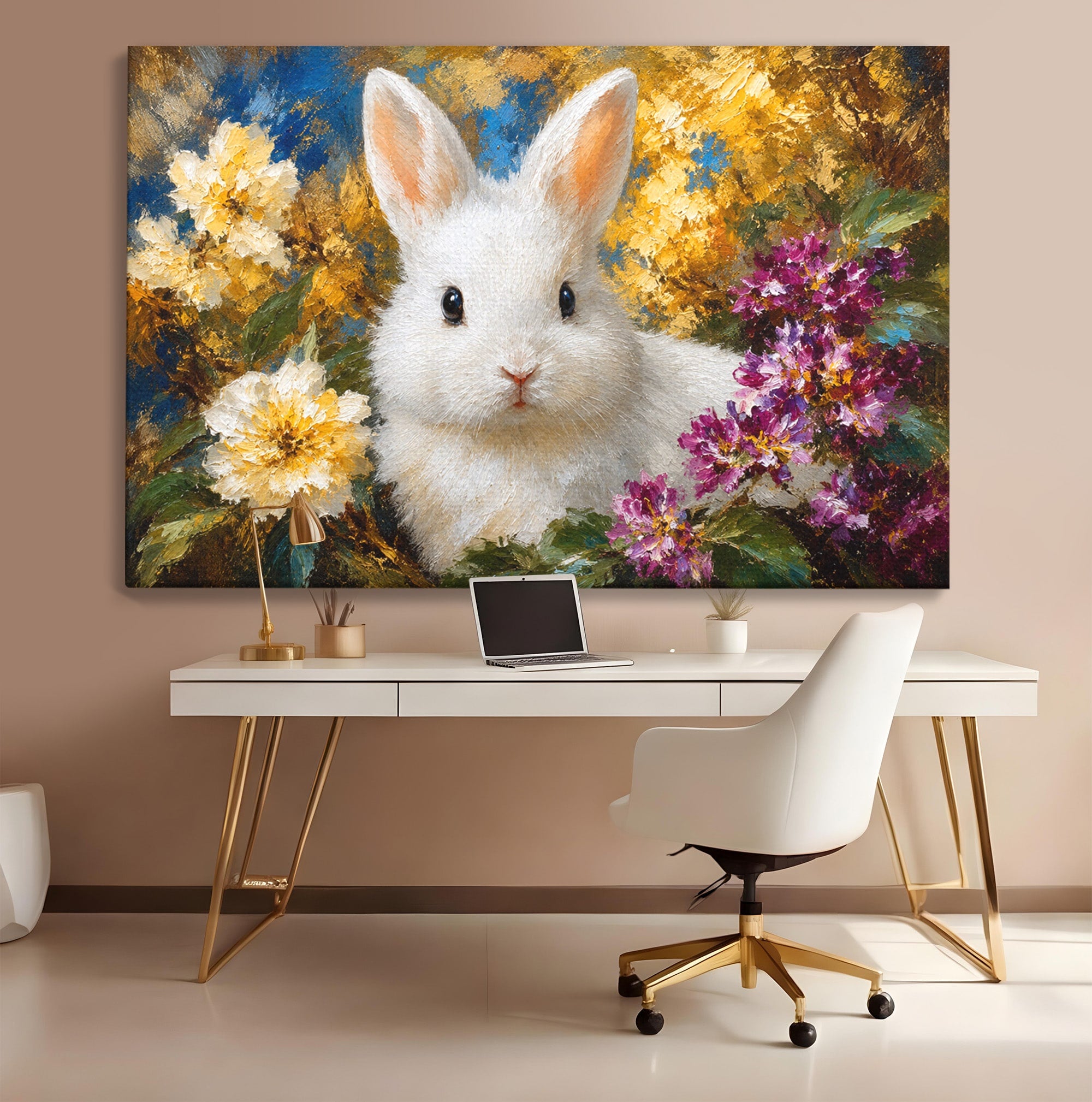 Tablou Canvas Premium LuxCanva® M1621, Iepure Printre Flori, Iepure, Flori, Natura, Primavara, Dormitor, Living, Culori Vibrante