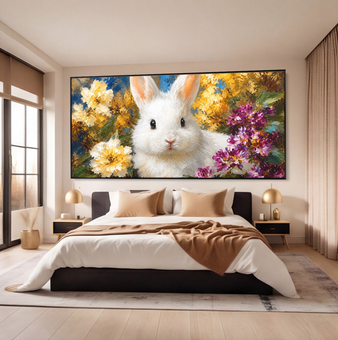 Tablou Canvas Premium LuxCanva® M1621, Iepure Printre Flori, Iepure, Flori, Natura, Primavara, Dormitor, Living, Culori Vibrante