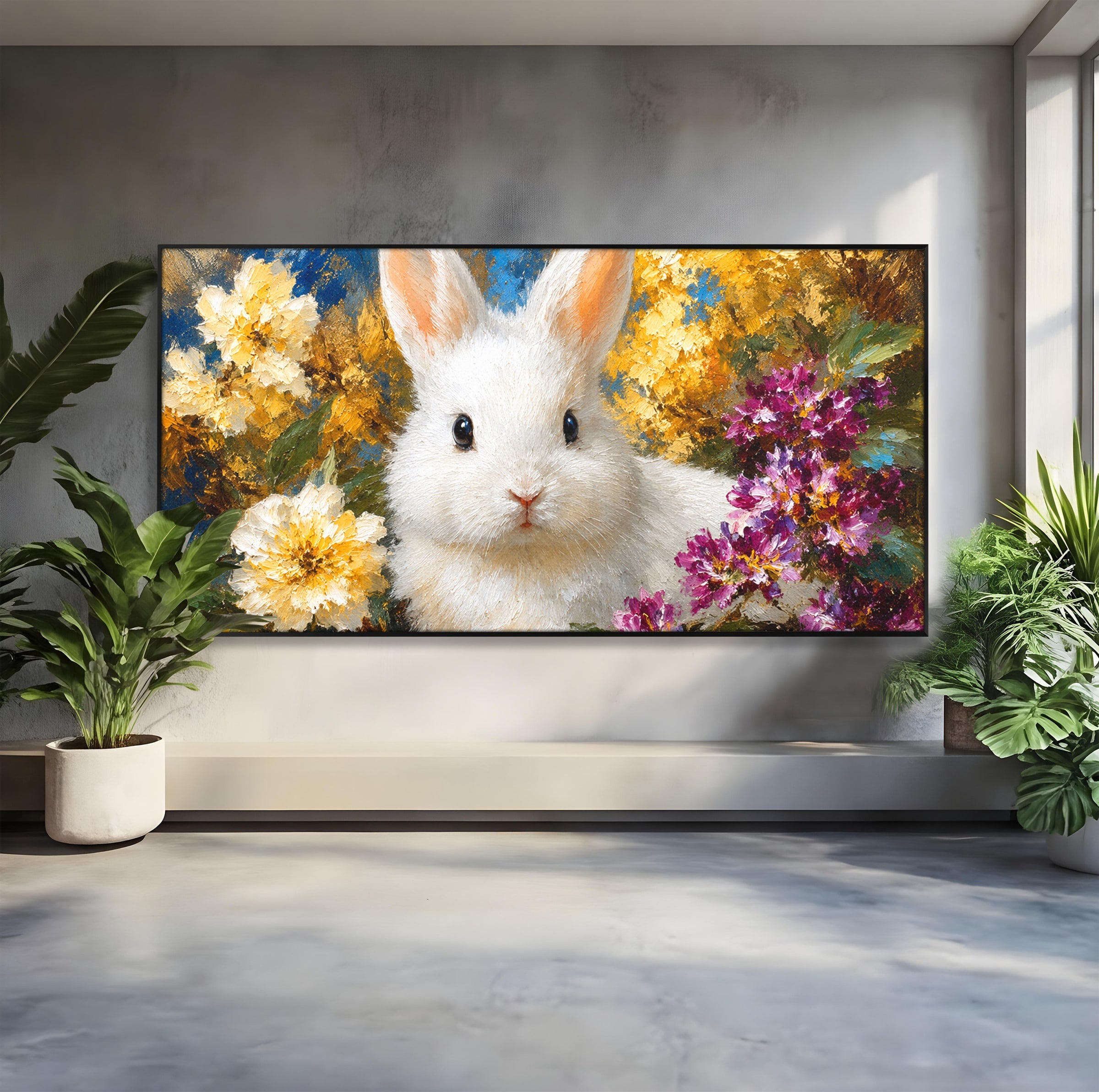 Tablou Canvas Premium LuxCanva® M1621, Iepure Printre Flori, Iepure, Flori, Natura, Primavara, Dormitor, Living, Culori Vibrante