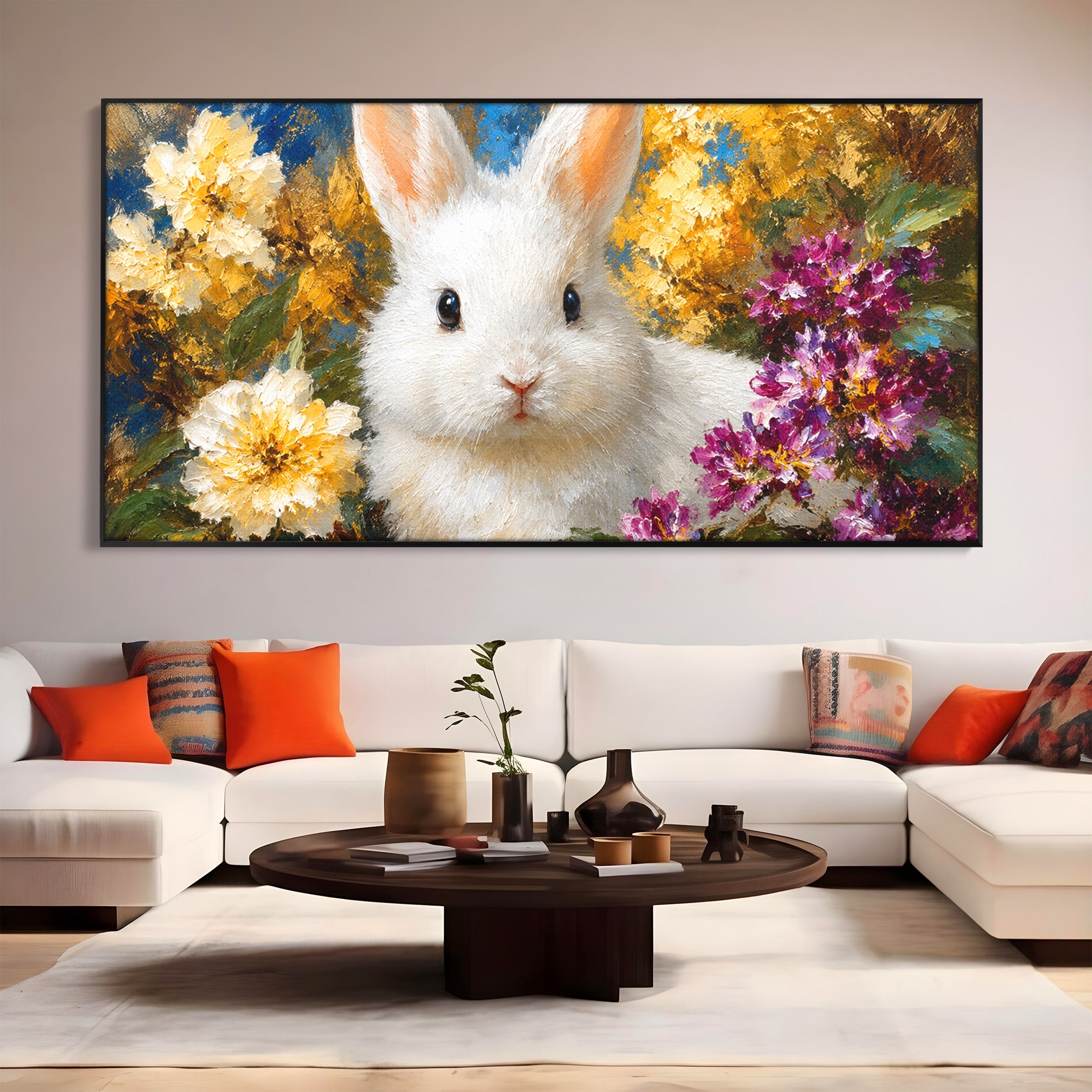 Tablou Canvas Premium LuxCanva® M1621, Iepure Printre Flori, Iepure, Flori, Natura, Primavara, Dormitor, Living, Culori Vibrante
