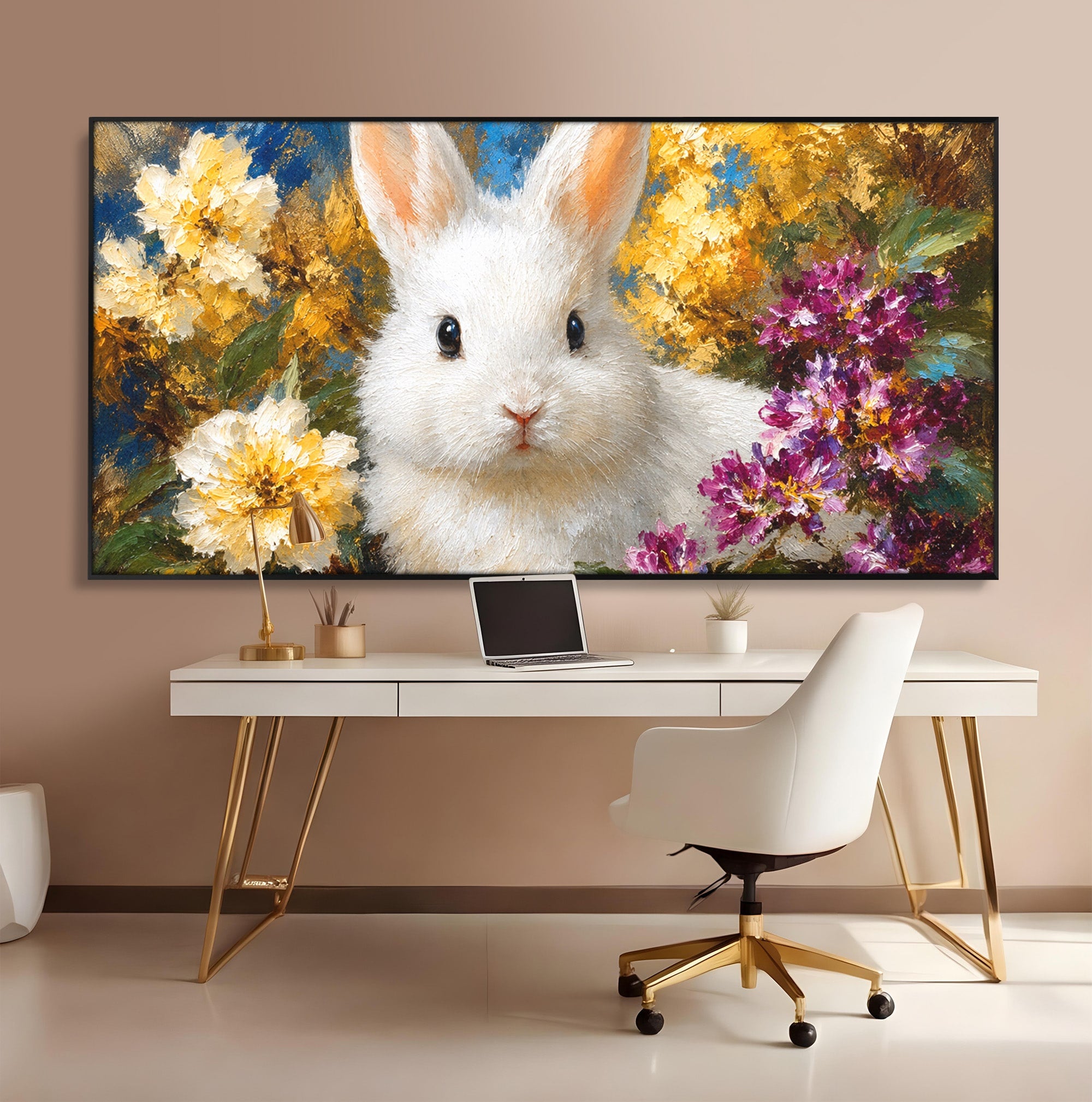 Tablou Canvas Premium LuxCanva® M1621, Iepure Printre Flori, Iepure, Flori, Natura, Primavara, Dormitor, Living, Culori Vibrante