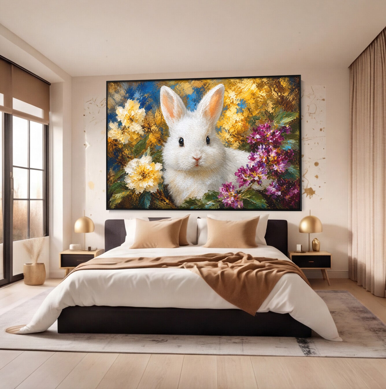 Tablou Canvas Premium LuxCanva® M1621, Iepure Printre Flori, Iepure, Flori, Natura, Primavara, Dormitor, Living, Culori Vibrante