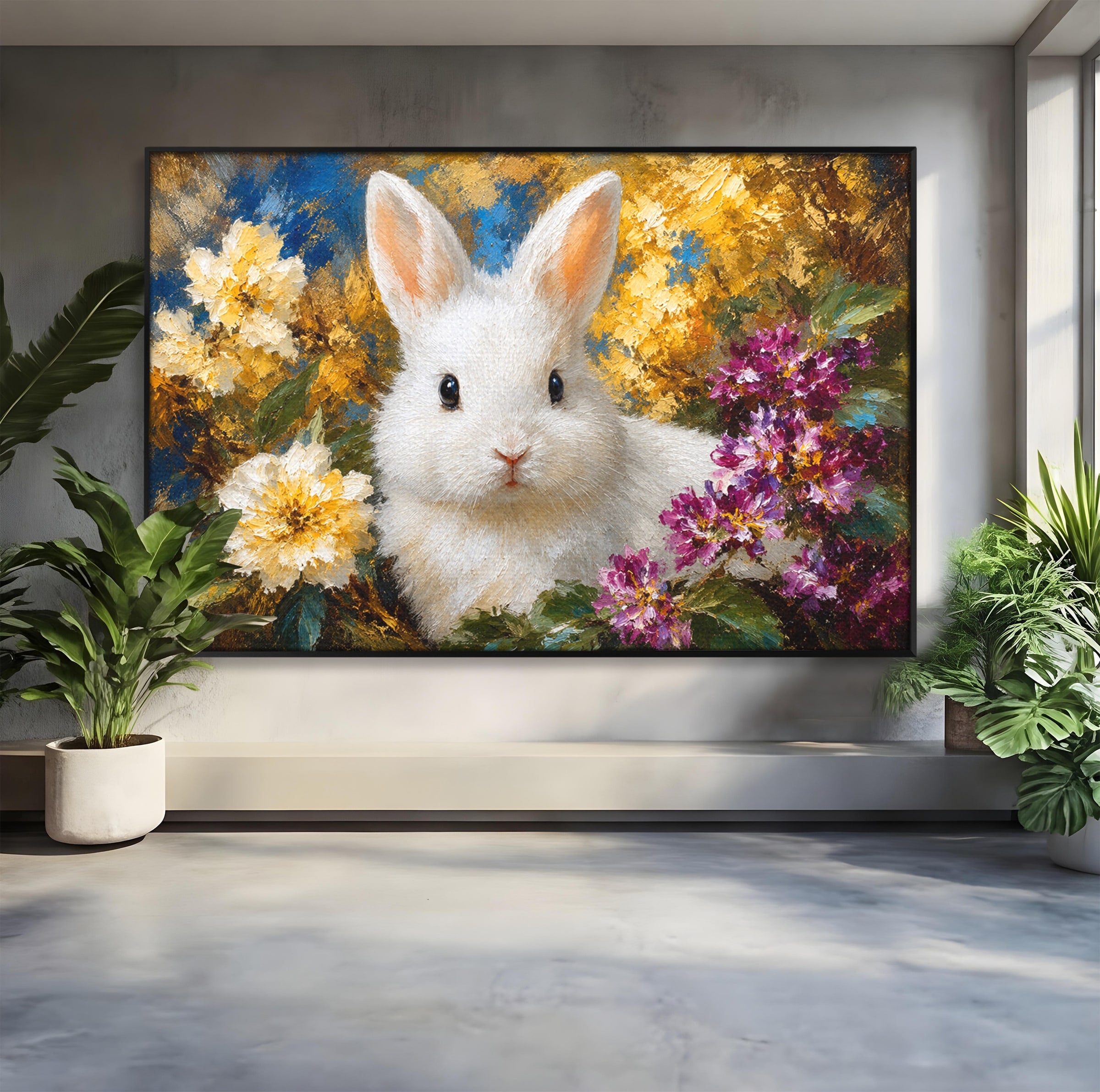 Tablou Canvas Premium LuxCanva® M1621, Iepure Printre Flori, Iepure, Flori, Natura, Primavara, Dormitor, Living, Culori Vibrante