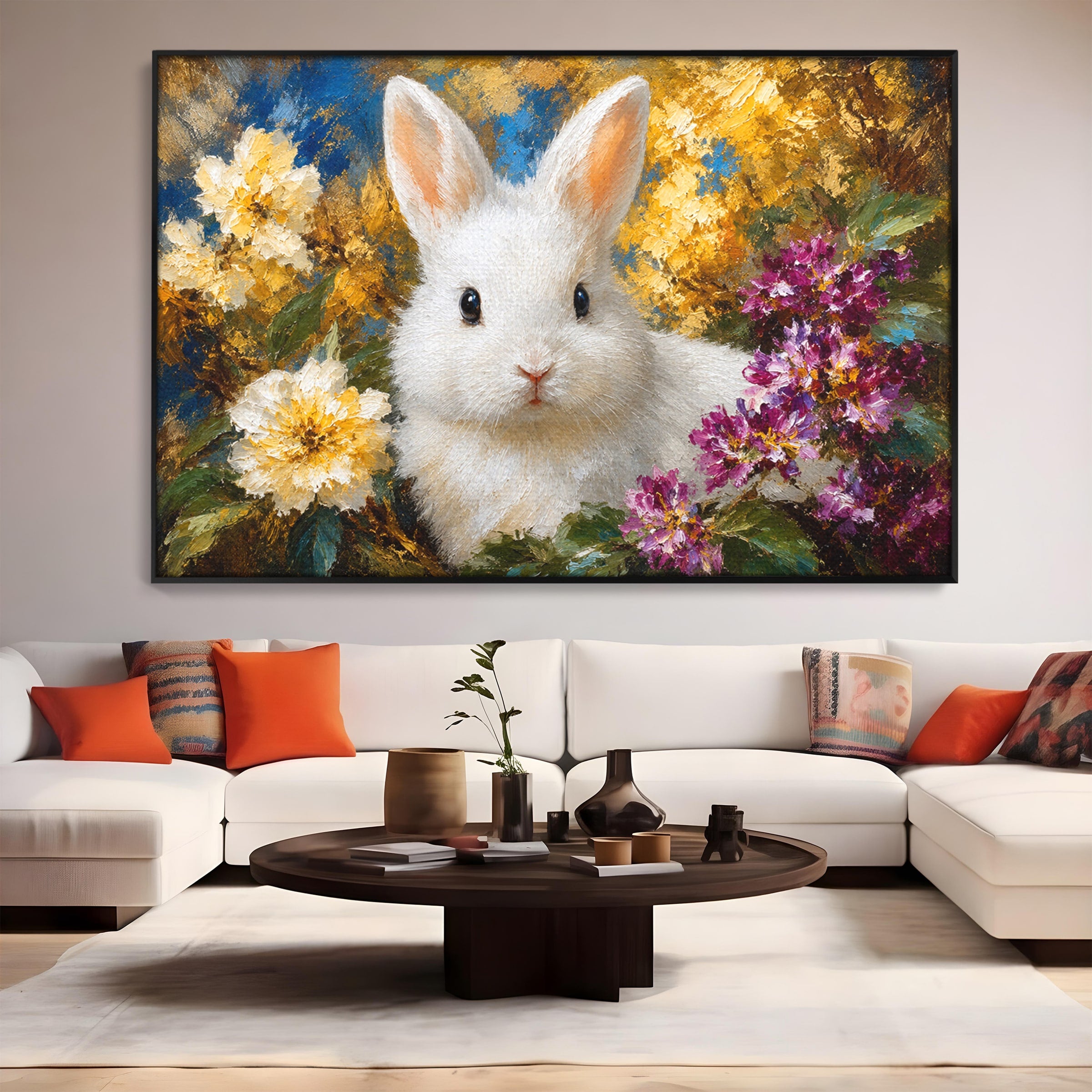 Tablou Canvas Premium LuxCanva® M1621, Iepure Printre Flori, Iepure, Flori, Natura, Primavara, Dormitor, Living, Culori Vibrante