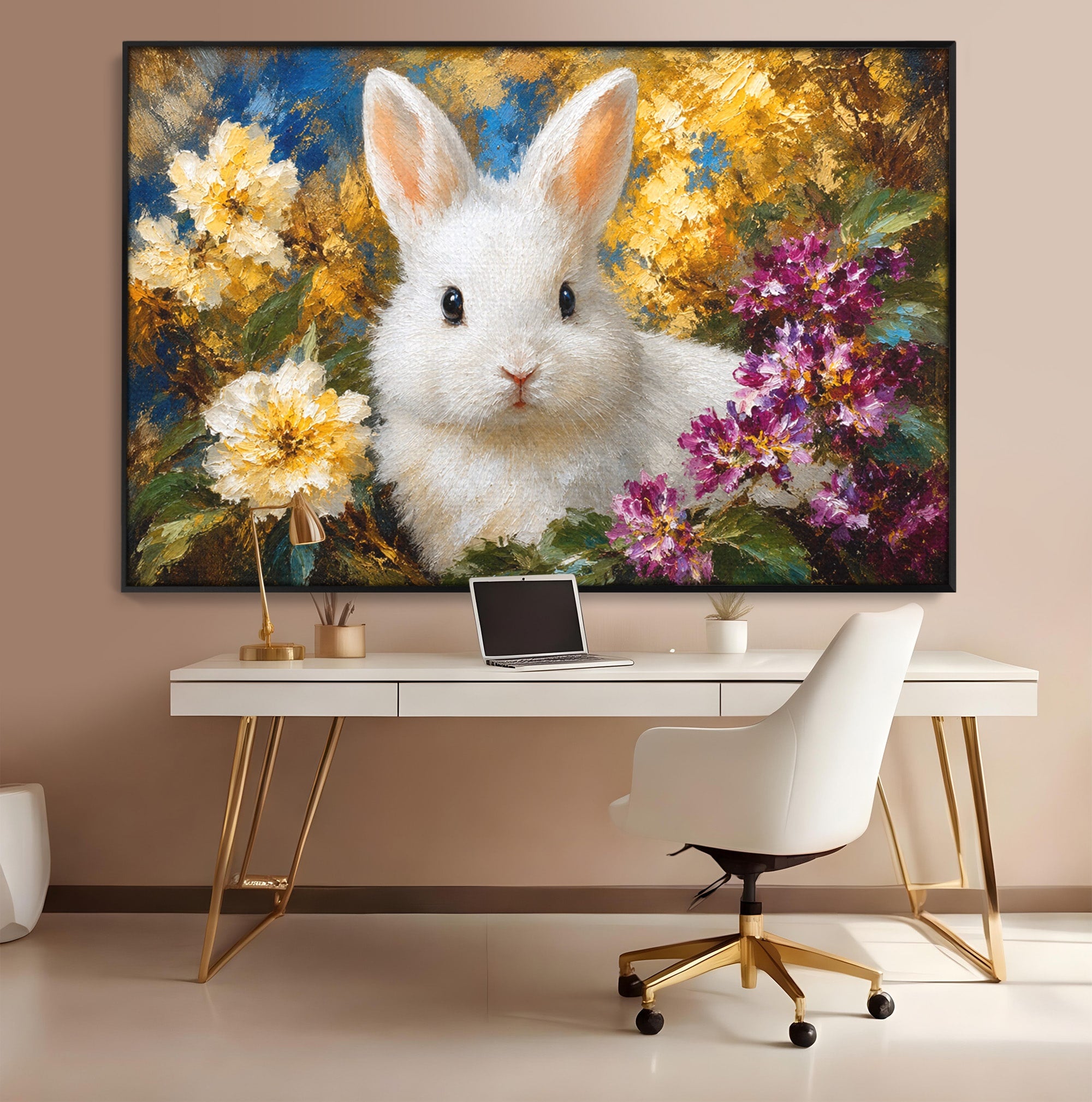 Tablou Canvas Premium LuxCanva® M1621, Iepure Printre Flori, Iepure, Flori, Natura, Primavara, Dormitor, Living, Culori Vibrante
