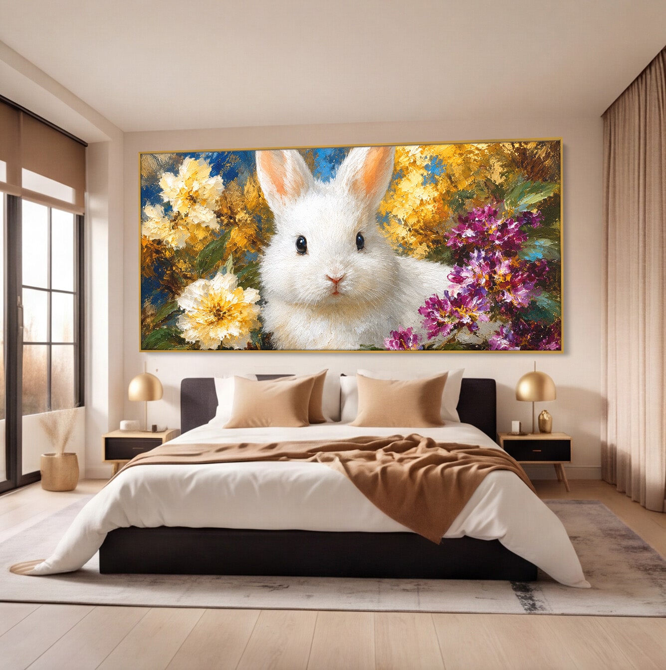 Tablou Canvas Premium LuxCanva® M1621, Iepure Printre Flori, Iepure, Flori, Natura, Primavara, Dormitor, Living, Culori Vibrante