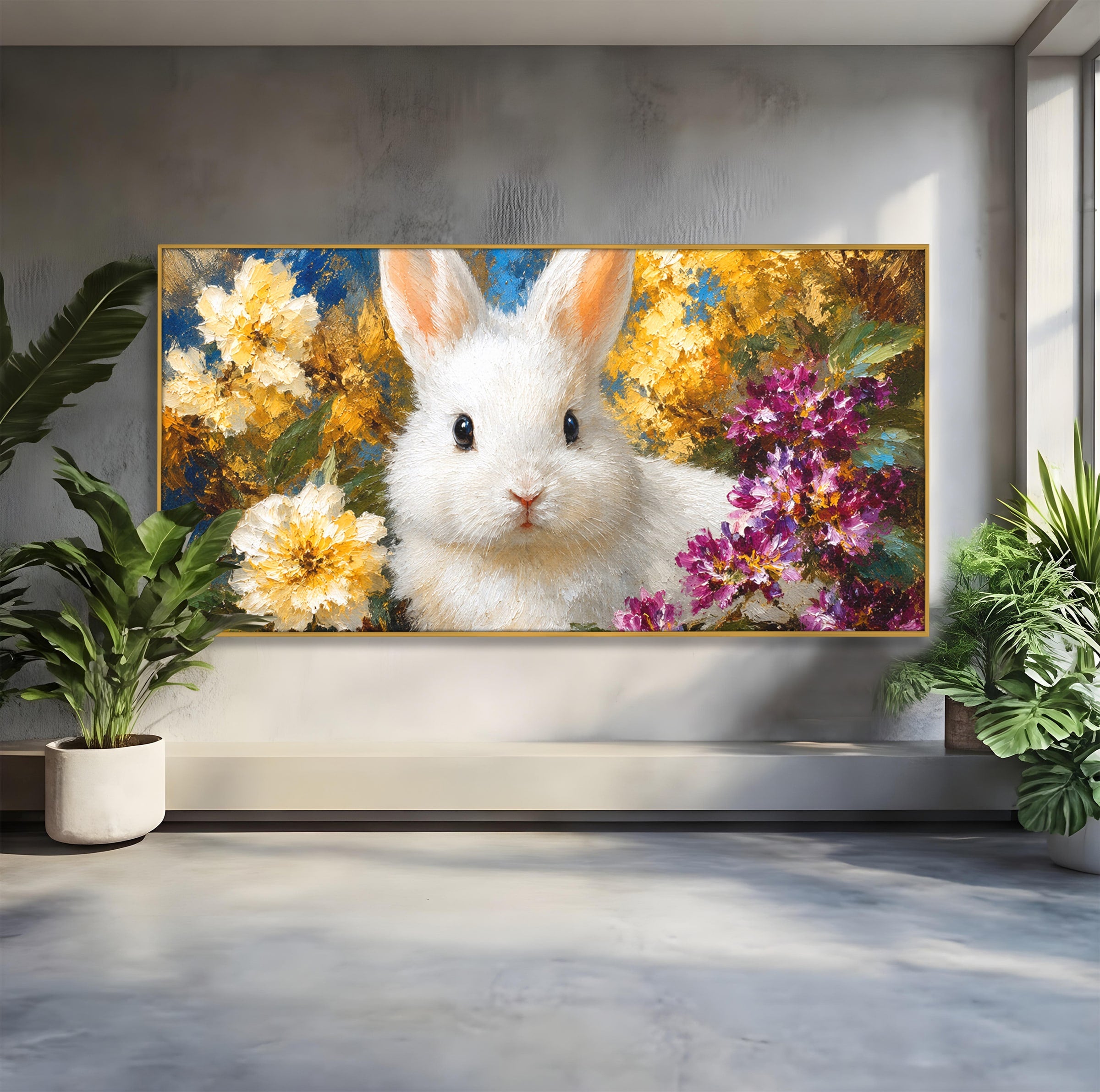 Tablou Canvas Premium LuxCanva® M1621, Iepure Printre Flori, Iepure, Flori, Natura, Primavara, Dormitor, Living, Culori Vibrante
