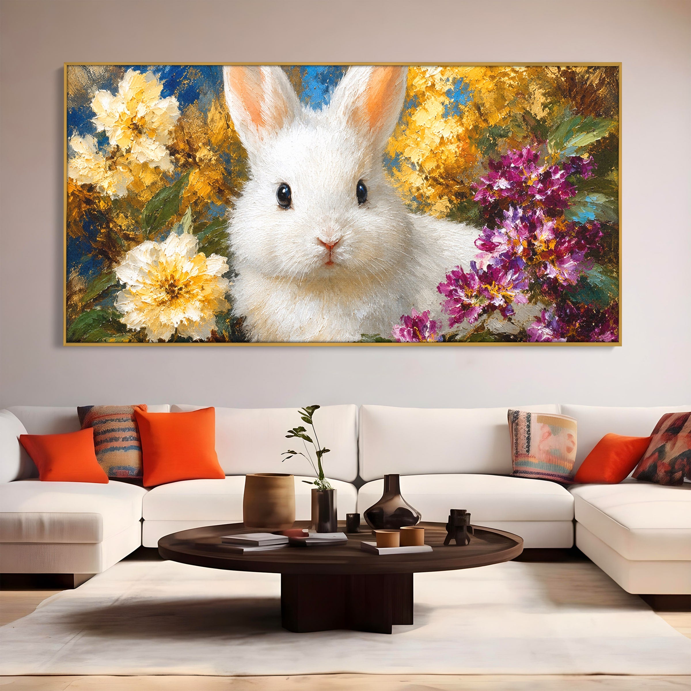 Tablou Canvas Premium LuxCanva® M1621, Iepure Printre Flori, Iepure, Flori, Natura, Primavara, Dormitor, Living, Culori Vibrante