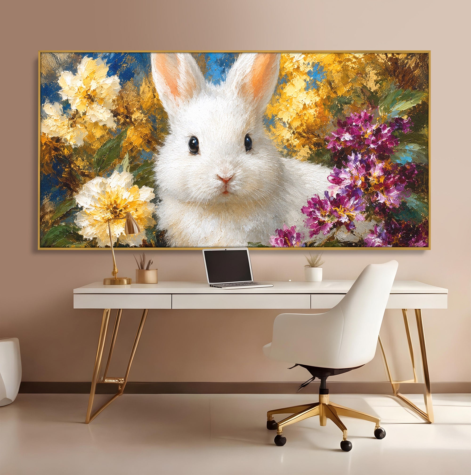 Tablou Canvas Premium LuxCanva® M1621, Iepure Printre Flori, Iepure, Flori, Natura, Primavara, Dormitor, Living, Culori Vibrante