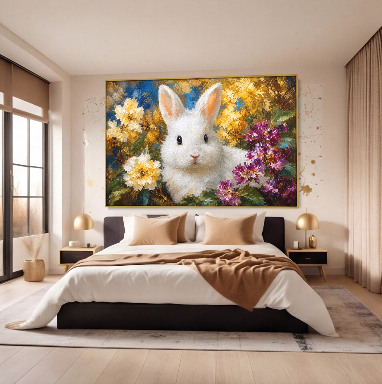 Tablou Canvas Premium LuxCanva® M1621, Iepure Printre Flori, Iepure, Flori, Natura, Primavara, Dormitor, Living, Culori Vibrante