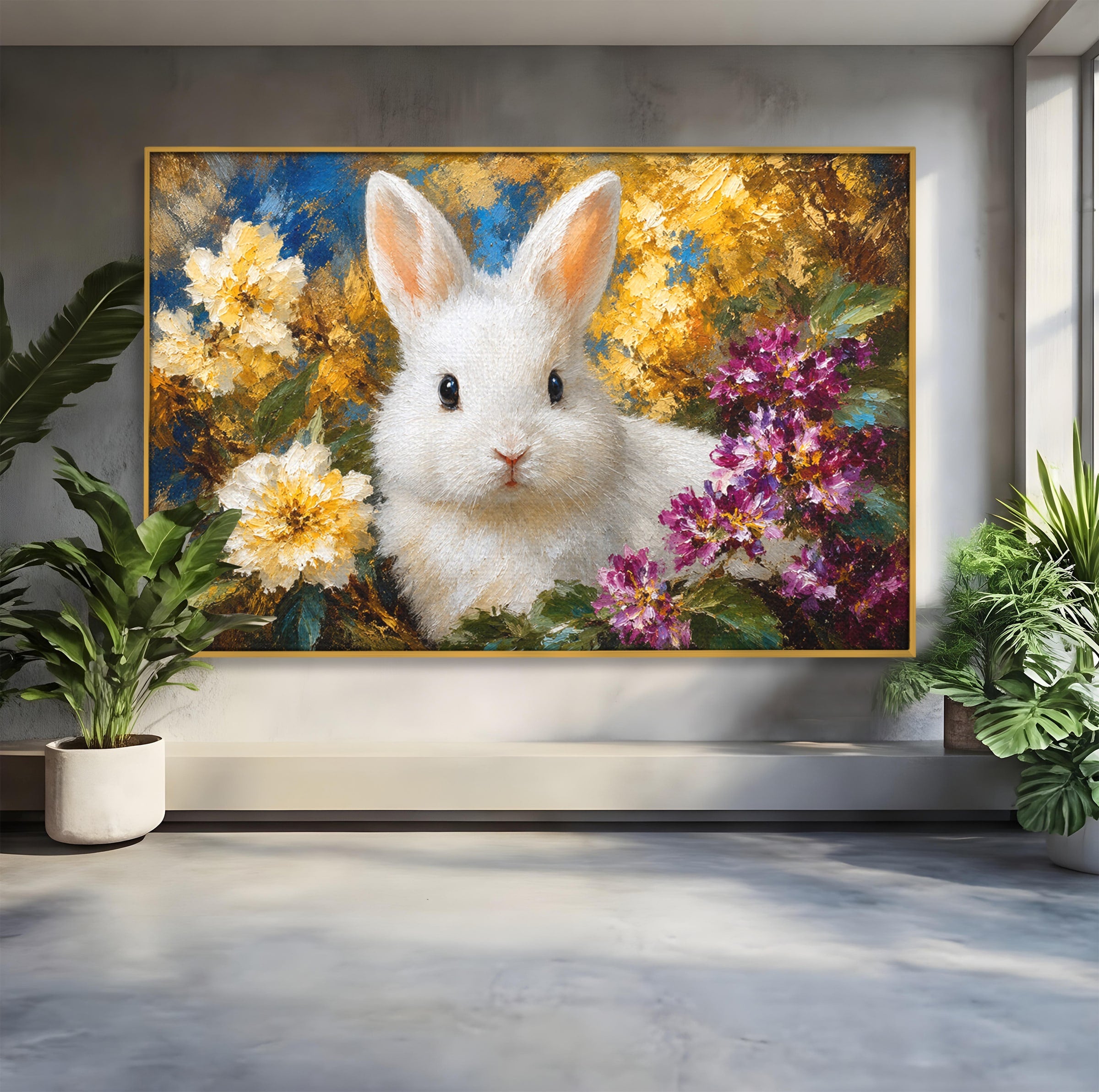 Tablou Canvas Premium LuxCanva® M1621, Iepure Printre Flori, Iepure, Flori, Natura, Primavara, Dormitor, Living, Culori Vibrante