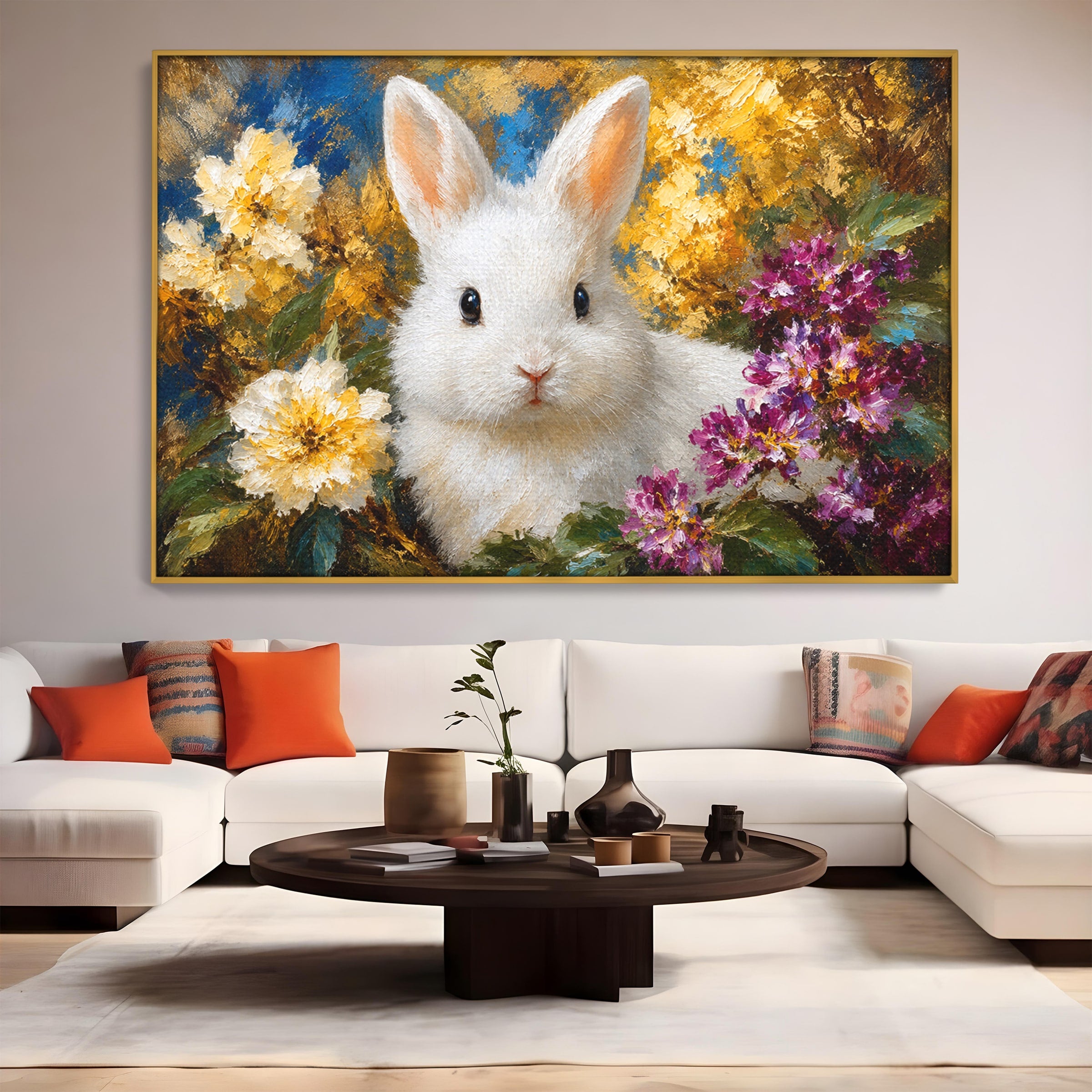 Tablou Canvas Premium LuxCanva® M1621, Iepure Printre Flori, Iepure, Flori, Natura, Primavara, Dormitor, Living, Culori Vibrante