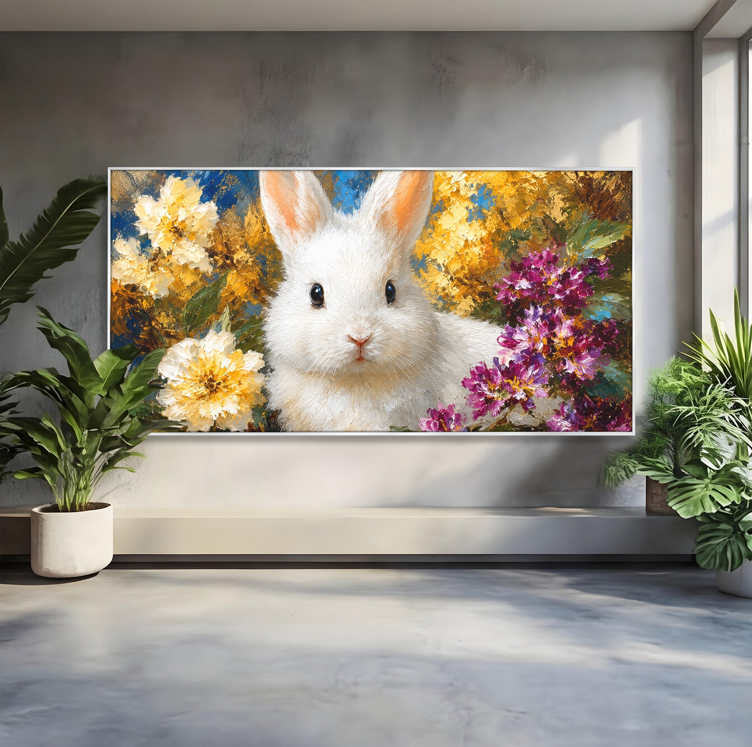 Tablou Canvas Premium LuxCanva® M1621, Iepure Printre Flori, Iepure, Flori, Natura, Primavara, Dormitor, Living, Culori Vibrante