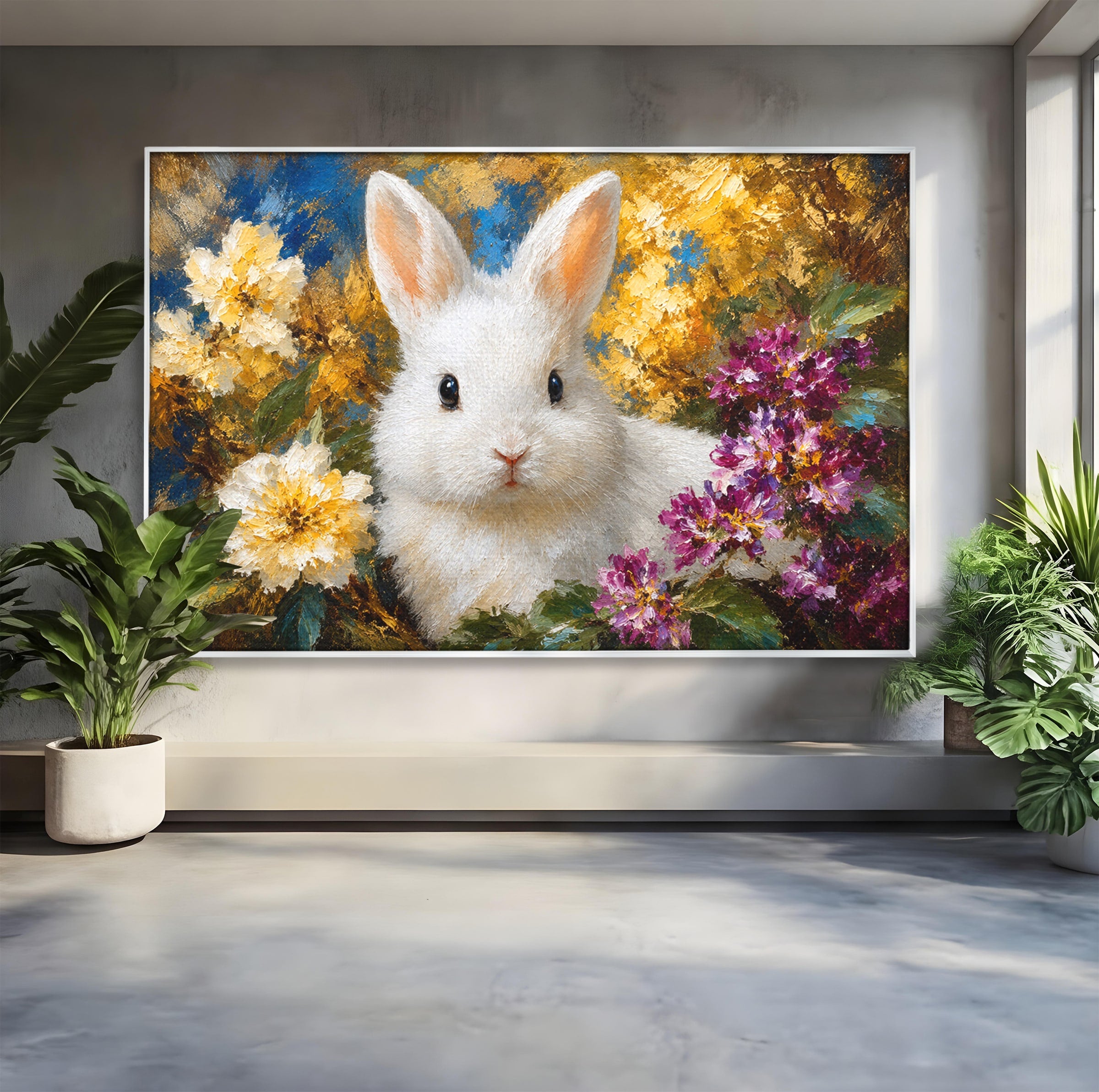 Tablou Canvas Premium LuxCanva® M1621, Iepure Printre Flori, Iepure, Flori, Natura, Primavara, Dormitor, Living, Culori Vibrante