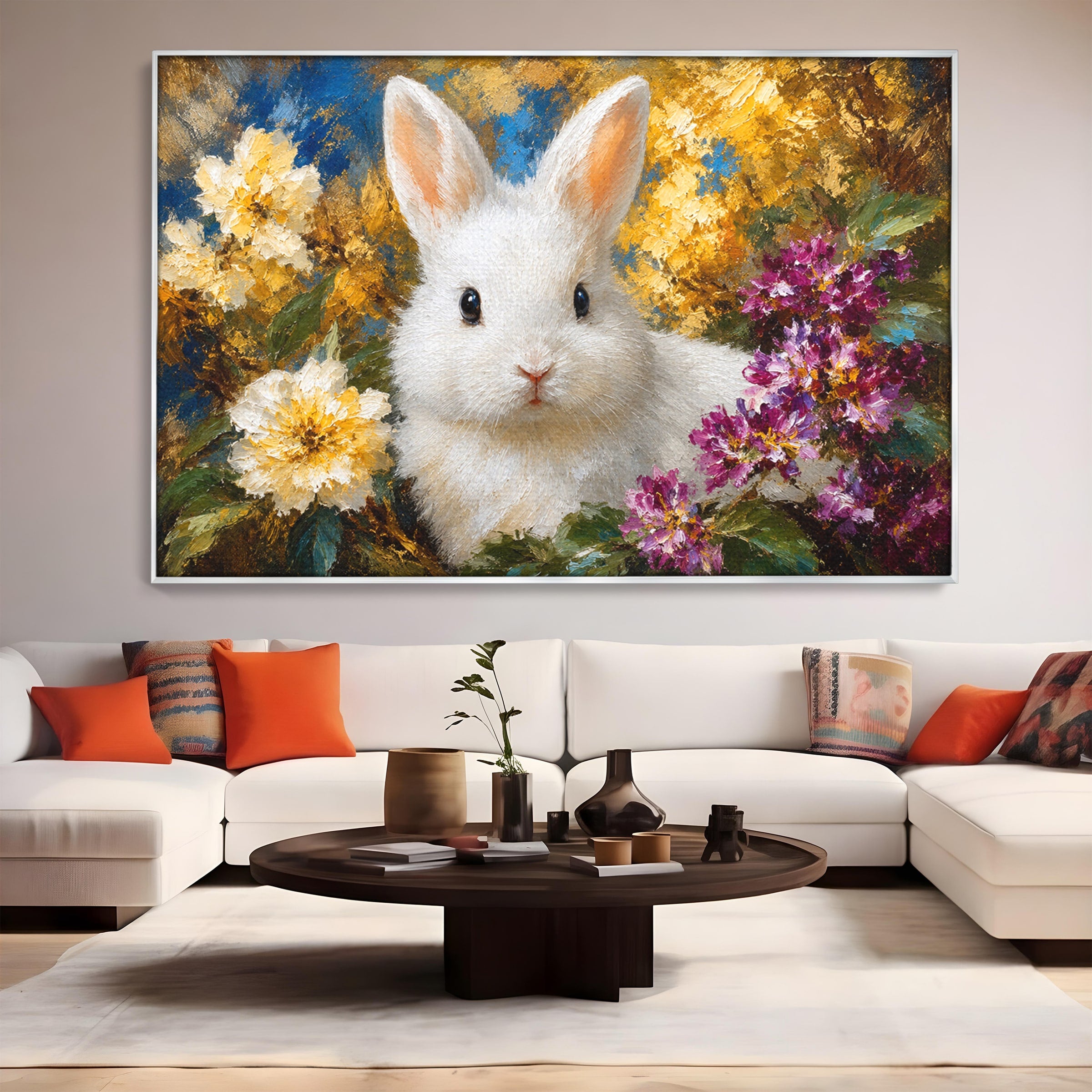 Tablou Canvas Premium LuxCanva® M1621, Iepure Printre Flori, Iepure, Flori, Natura, Primavara, Dormitor, Living, Culori Vibrante
