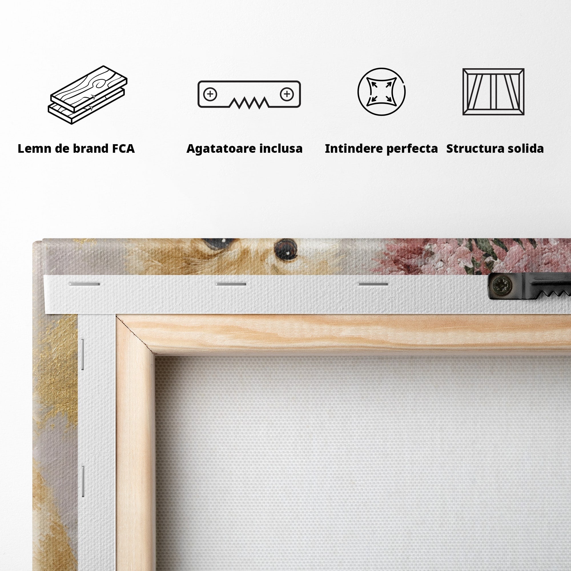 Tablou Canvas Premium LuxCanva® M1623, Pomeranian Cu Flori, Pomeranian, Flori, Animal, Decor, Living, Culori Vibrante