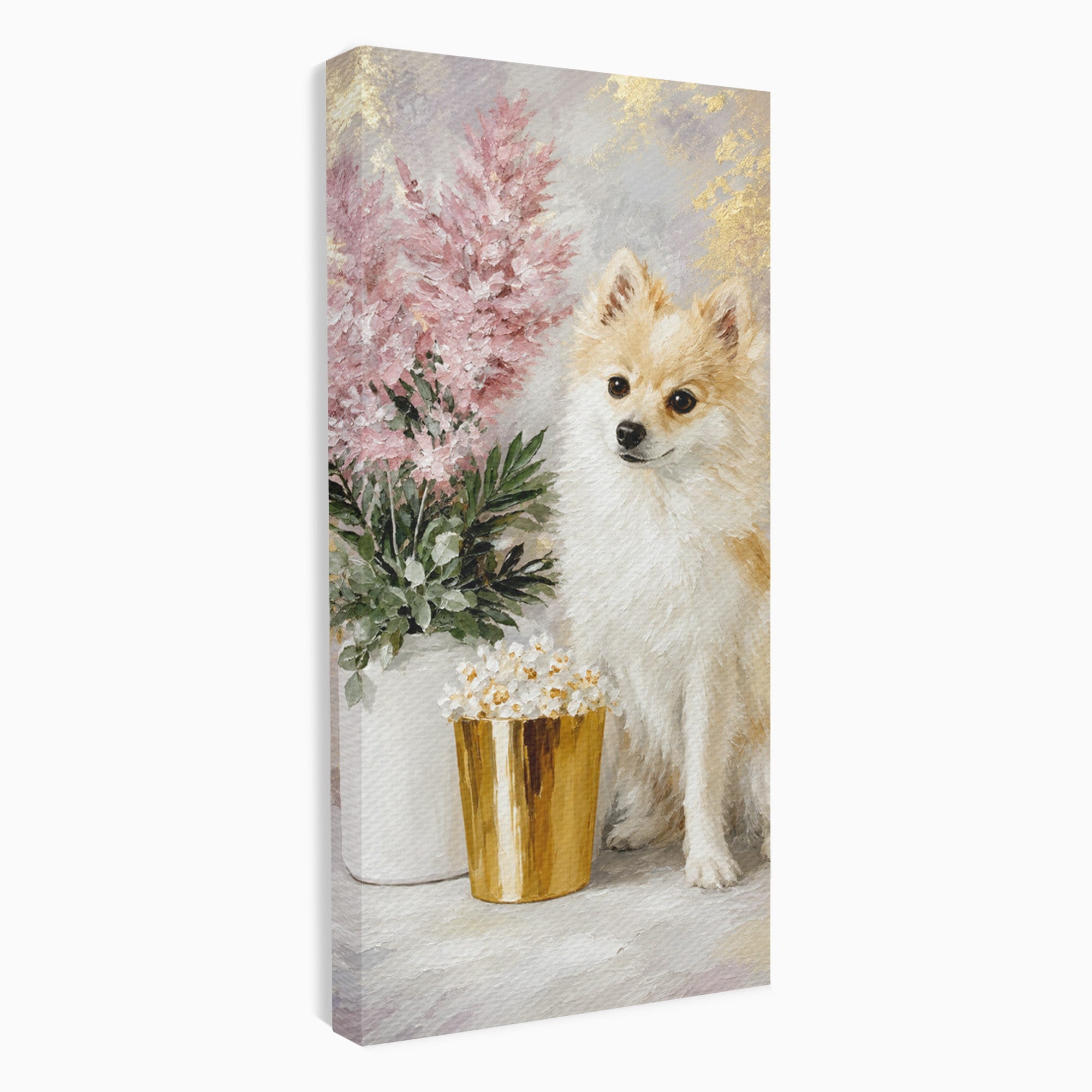 Tablou Canvas Premium LuxCanva® M1623, Pomeranian Cu Flori, Pomeranian, Flori, Animal, Decor, Living, Culori Vibrante