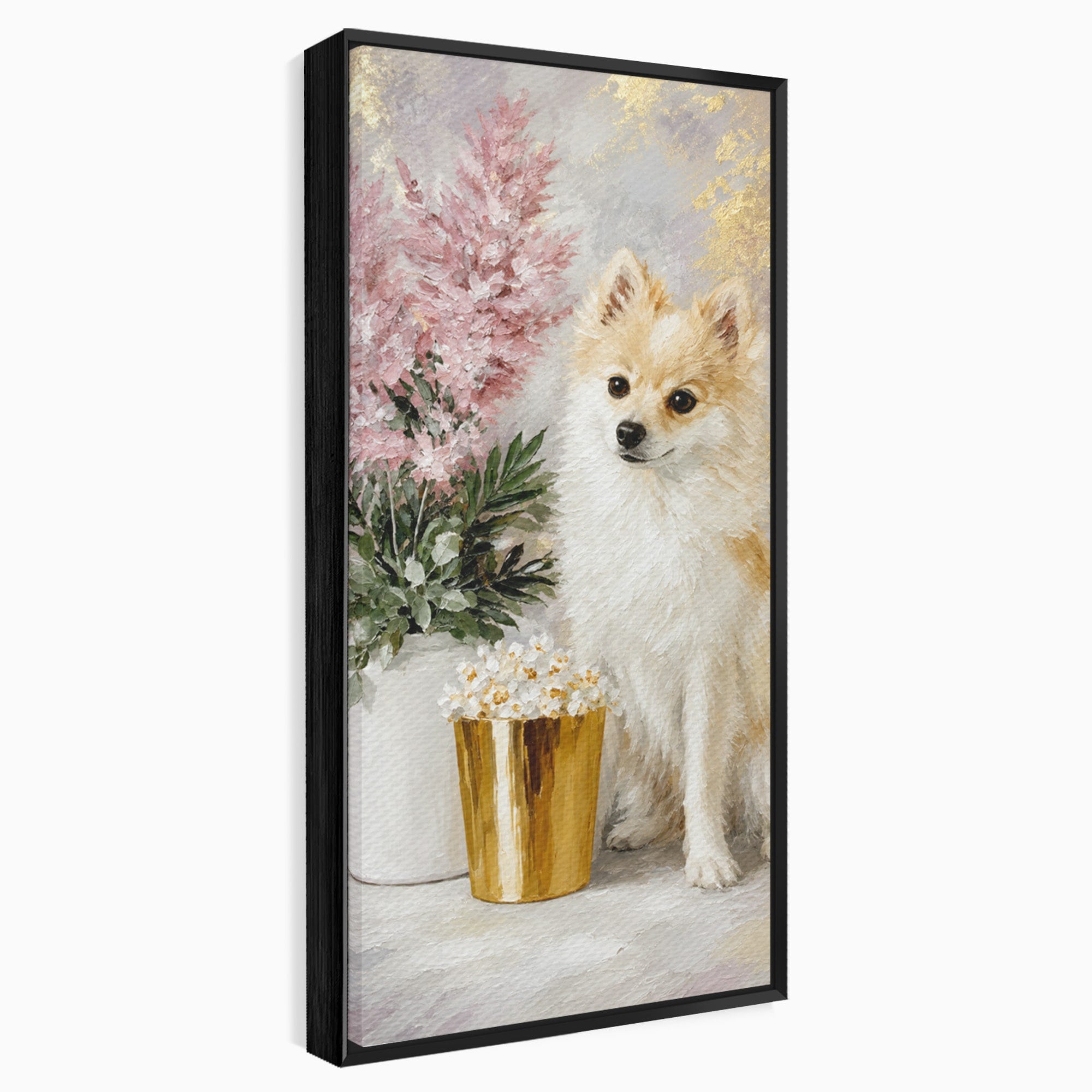 Tablou Canvas Premium LuxCanva® M1623, Pomeranian Cu Flori, Pomeranian, Flori, Animal, Decor, Living, Culori Vibrante