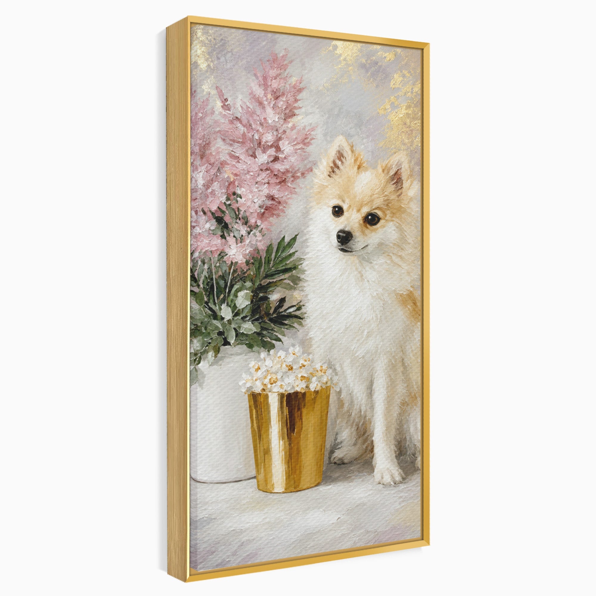 Tablou Canvas Premium LuxCanva® M1623, Pomeranian Cu Flori, Pomeranian, Flori, Animal, Decor, Living, Culori Vibrante