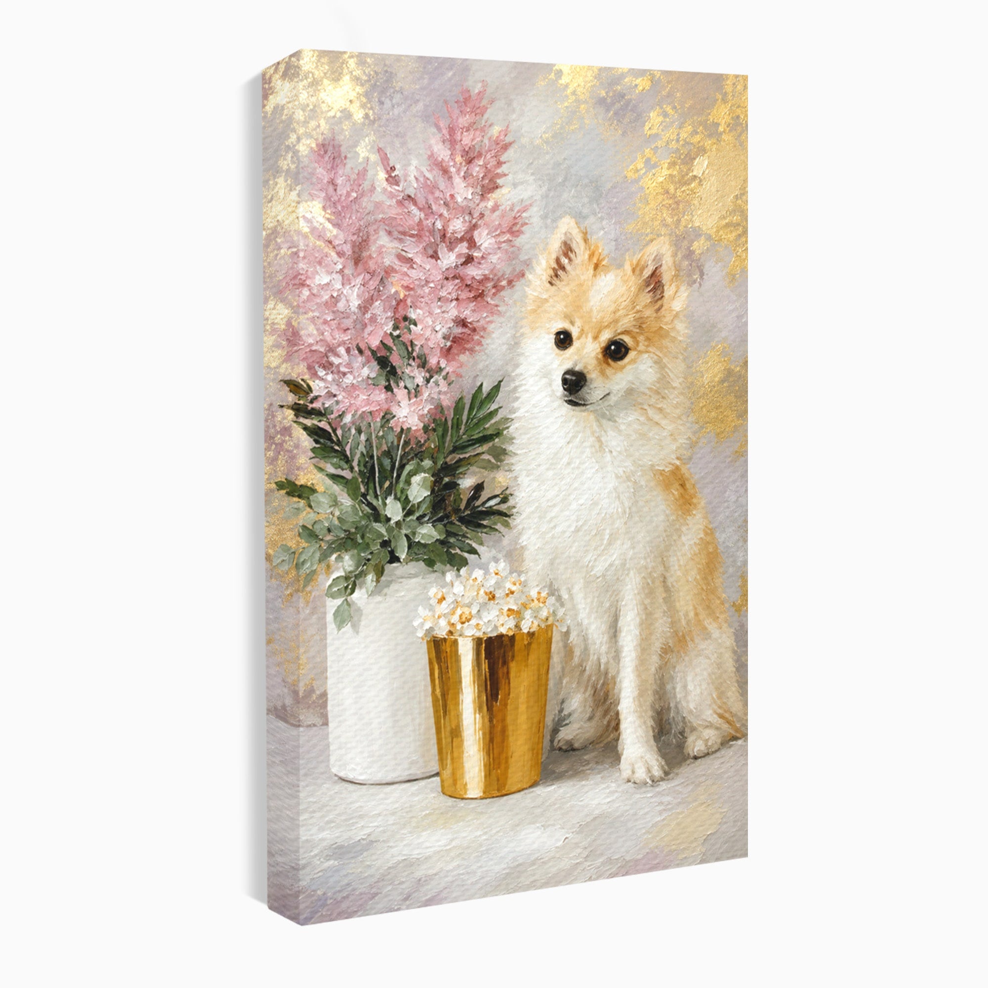Tablou Canvas Premium LuxCanva® M1623, Pomeranian Cu Flori, Pomeranian, Flori, Animal, Decor, Living, Culori Vibrante