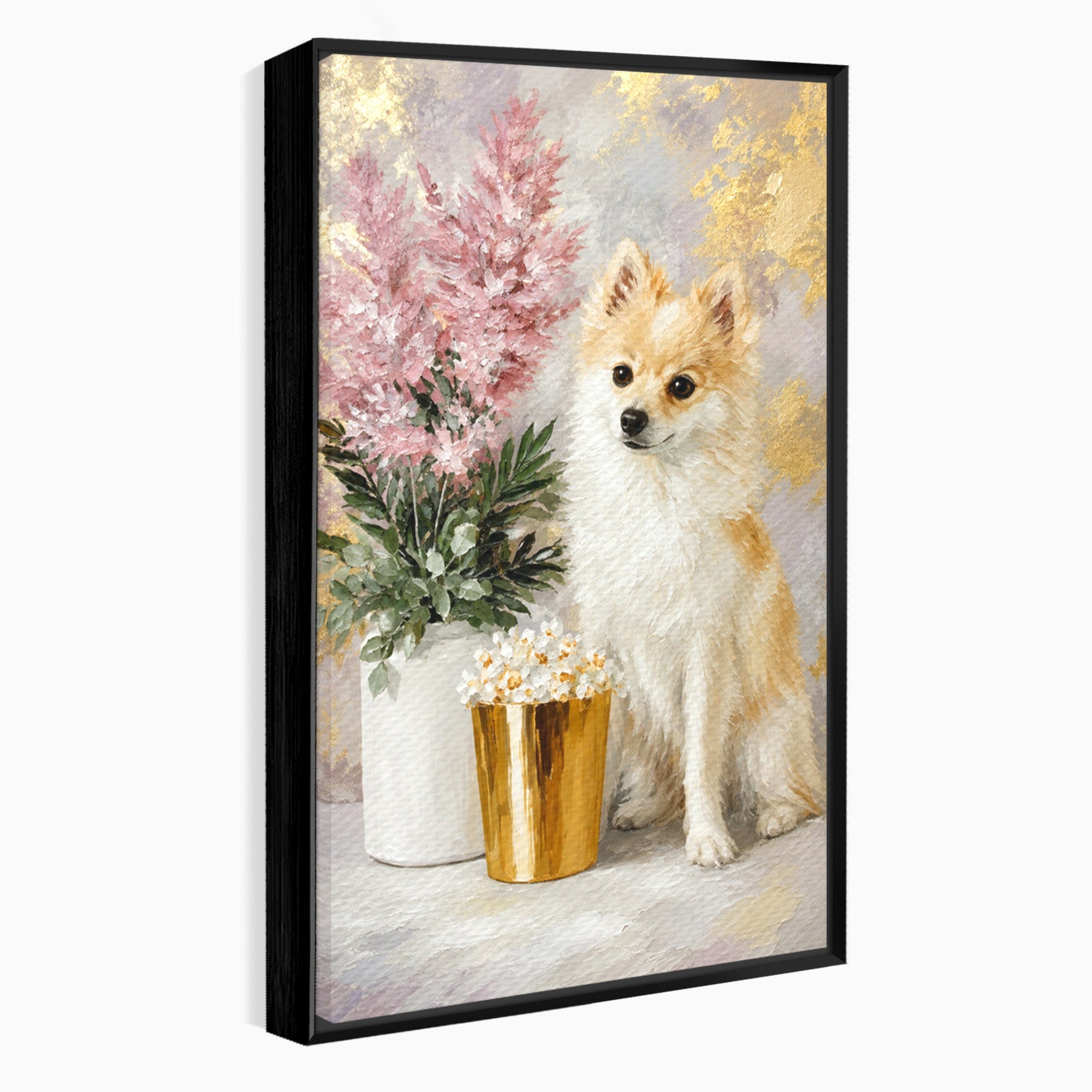 Tablou Canvas Premium LuxCanva® M1623, Pomeranian Cu Flori, Pomeranian, Flori, Animal, Decor, Living, Culori Vibrante