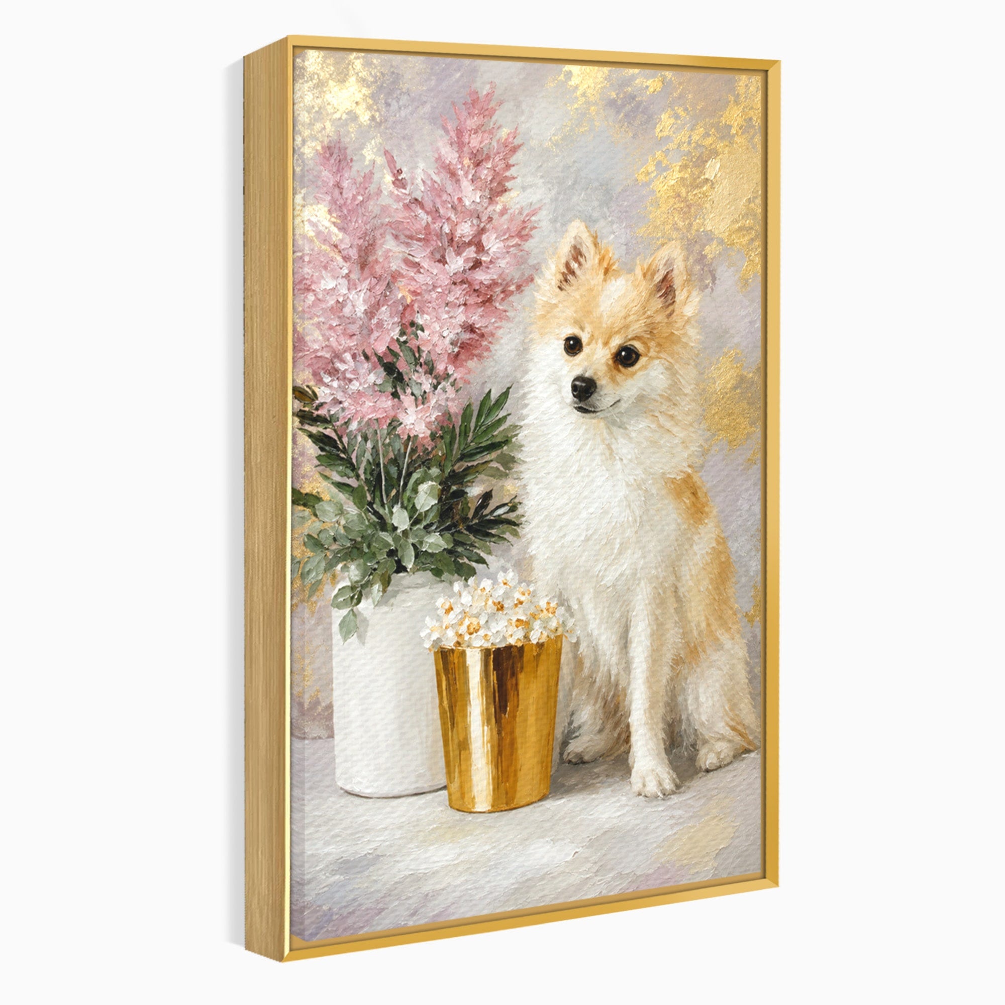 Tablou Canvas Premium LuxCanva® M1623, Pomeranian Cu Flori, Pomeranian, Flori, Animal, Decor, Living, Culori Vibrante