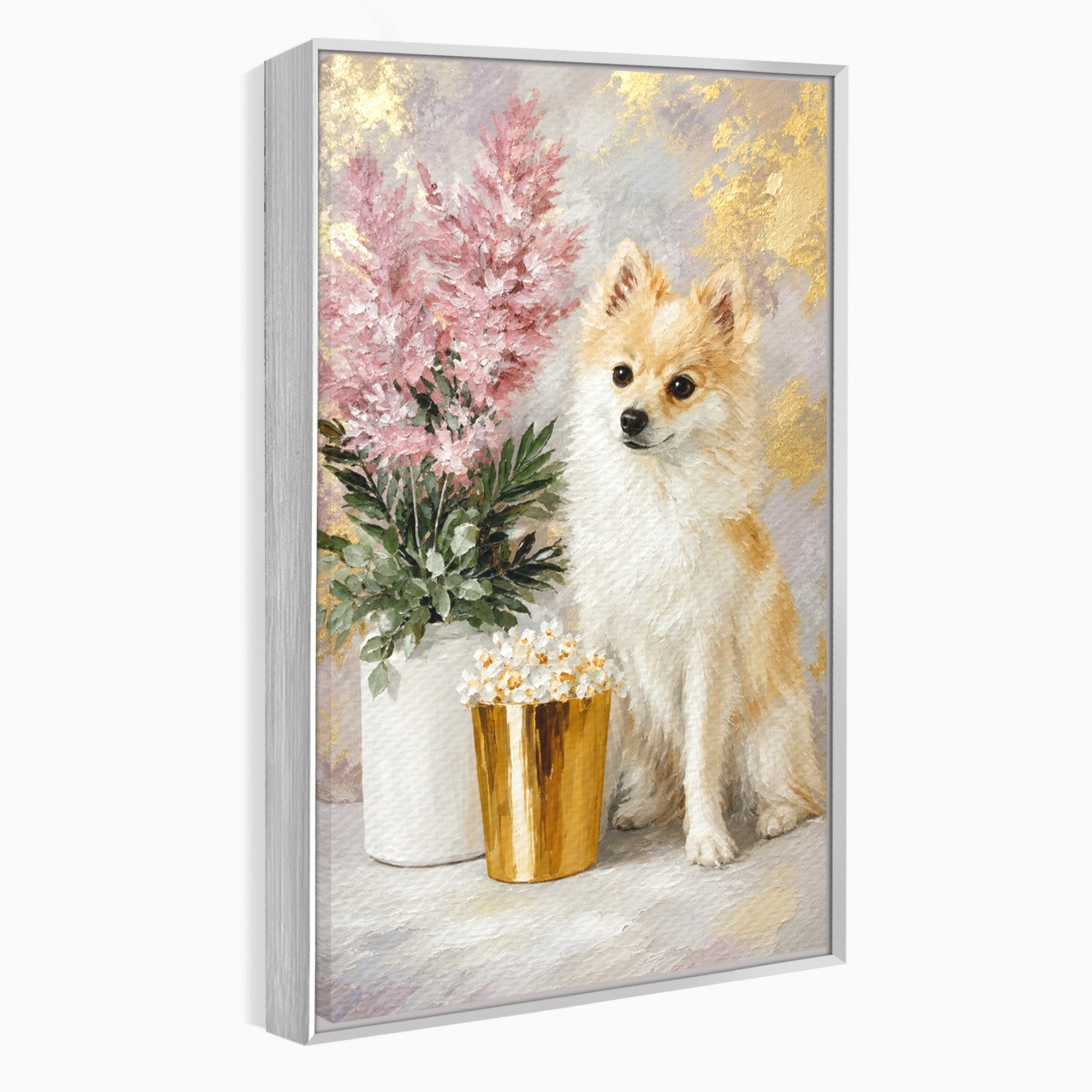 Tablou Canvas Premium LuxCanva® M1623, Pomeranian Cu Flori, Pomeranian, Flori, Animal, Decor, Living, Culori Vibrante