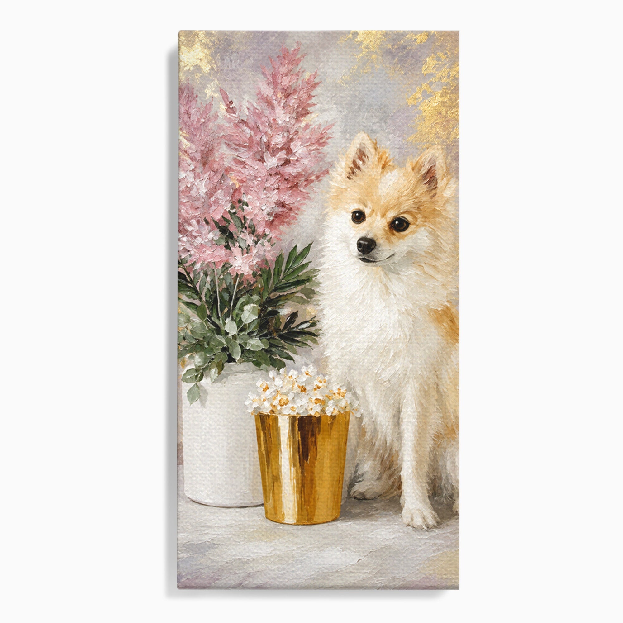 Tablou Canvas Premium LuxCanva® M1623, Pomeranian Cu Flori, Pomeranian, Flori, Animal, Decor, Living, Culori Vibrante
