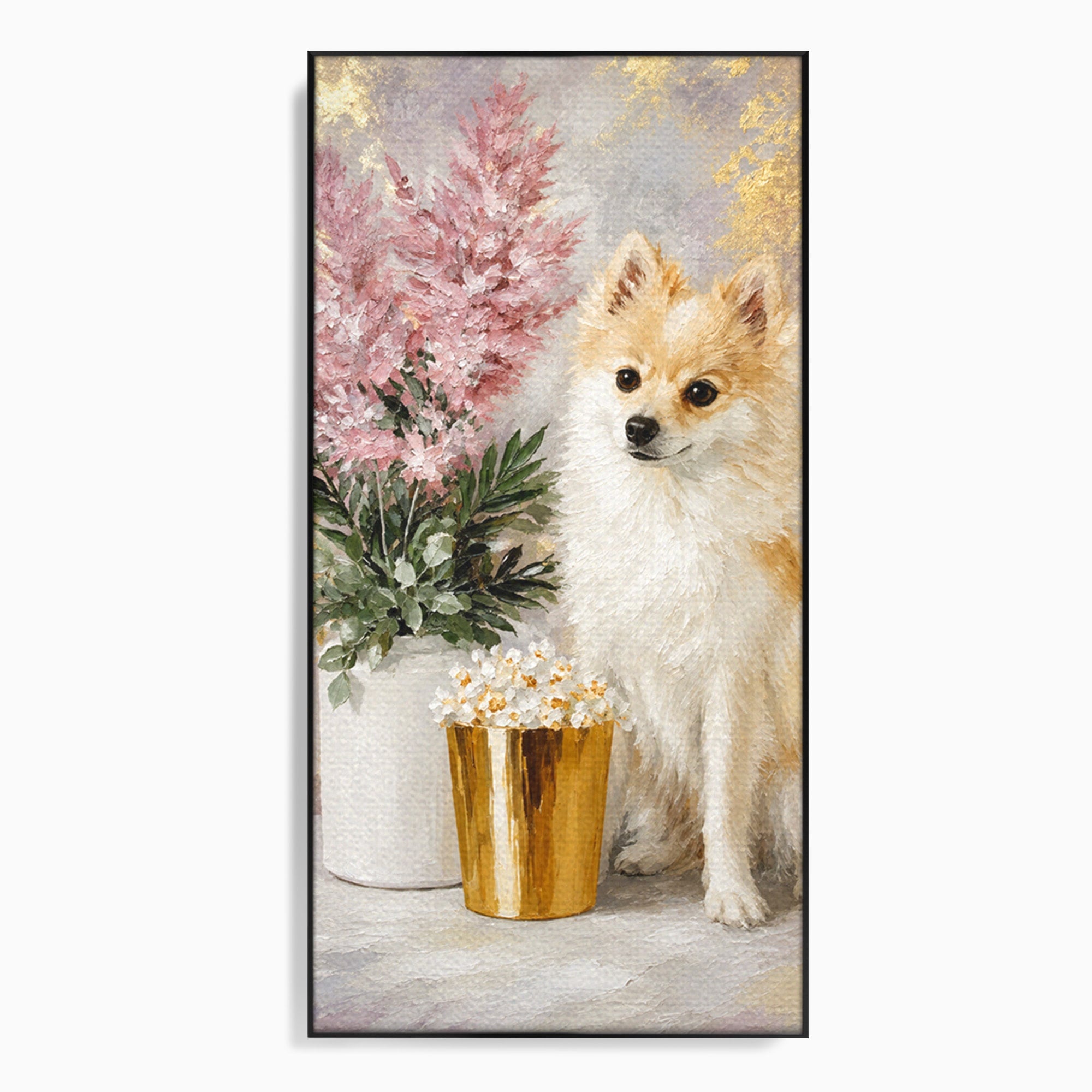 Tablou Canvas Premium LuxCanva® M1623, Pomeranian Cu Flori, Pomeranian, Flori, Animal, Decor, Living, Culori Vibrante