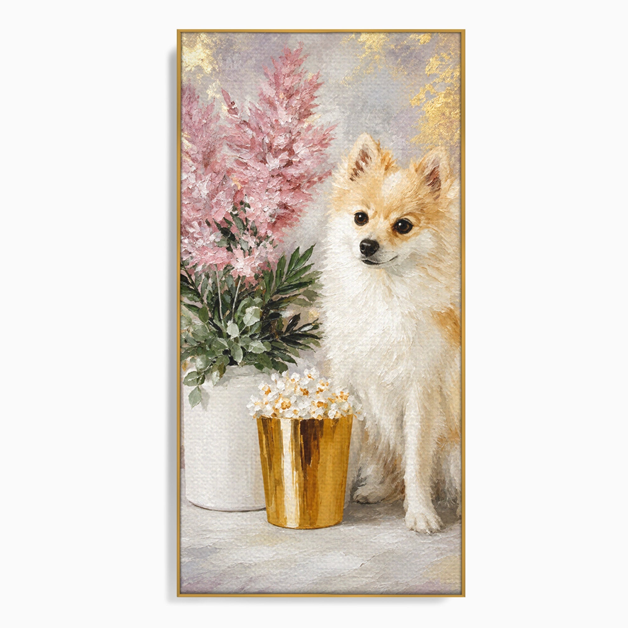 Tablou Canvas Premium LuxCanva® M1623, Pomeranian Cu Flori, Pomeranian, Flori, Animal, Decor, Living, Culori Vibrante